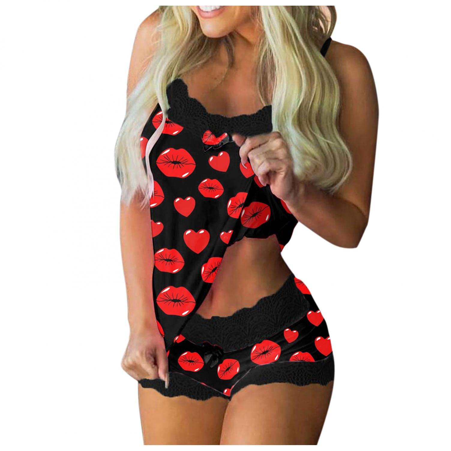 Sexy Kawaii Lingerie for Women - Printed Babydoll & Lace Chemise Sleepwear Set | Perfect for Valentine's Day, Honeymoon & Romantic Nights