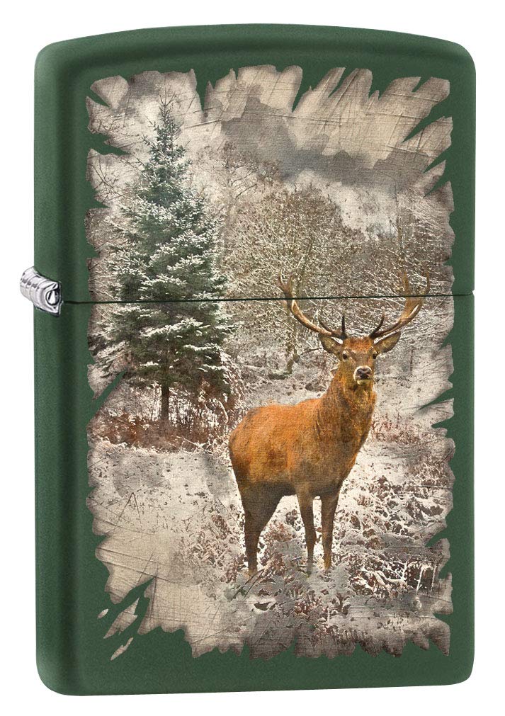 Zippo Lighter - Red Deer in The Woods Design, Green Matte Finish (Model 80517) | Windproof Refillable Lighter for Camping, Hiking & Outdoor Adventures