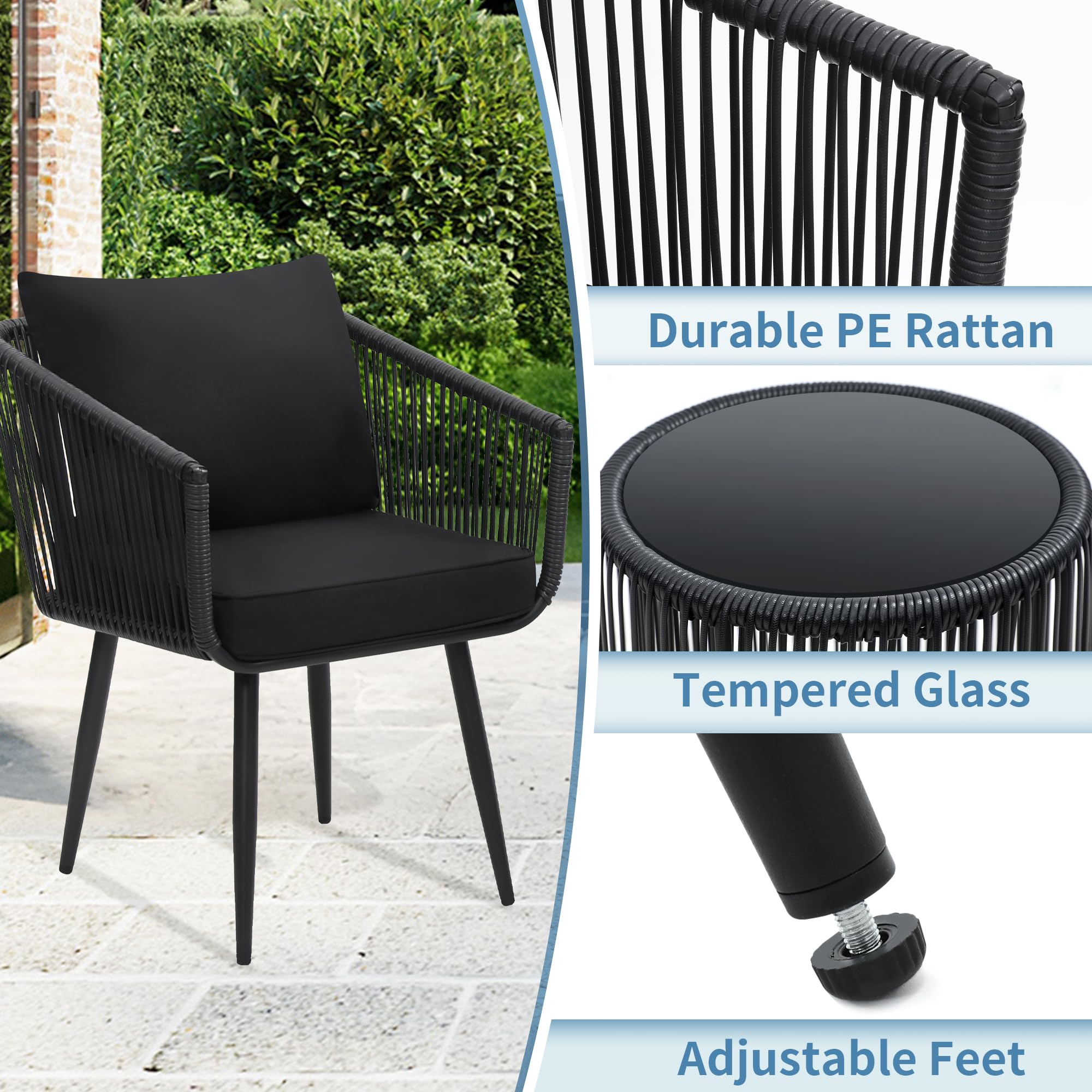 Kromax 3-Piece Patio Rattan Bistro Set - All-Weather Wicker Outdoor Furniture with 2 Chairs & Side Table - Perfect for Balcony, Porch, Backyard, Garden or Poolside - Black