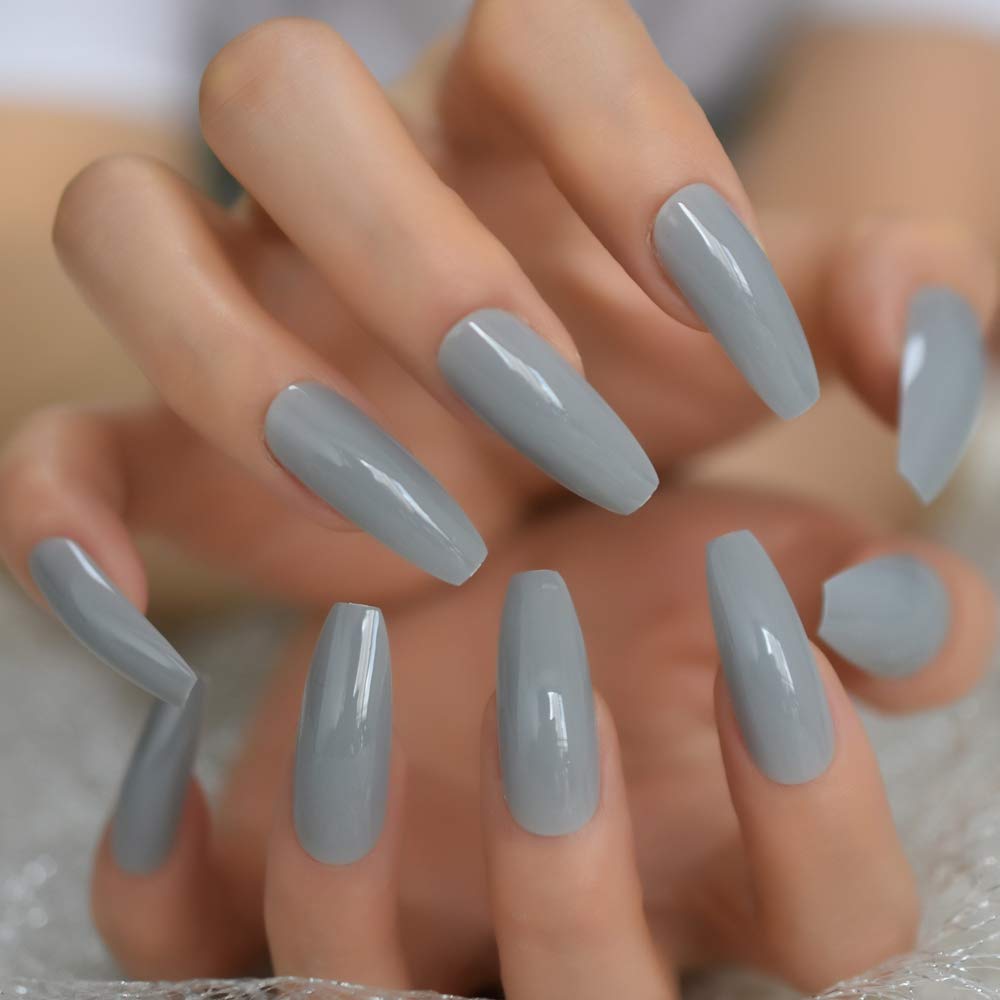 Extra Long Gray Ballerina Fake Nails - UV Acrylic False Nails with Extremely Long Light Grey Tips (24 Pack) - Perfect for Special Occasions, Parties, and Elegant Everyday Wear