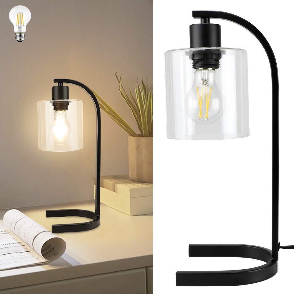 Depuley Vintage Industrial Metal Table Lamp with Glass Shade - Black Antique Style Desk Light for Bedroom, Living Room, Office & Dorm - Includes E26 Bulb - Perfect for Reading Nook, Home Office Workspace & Nightstand Lighting