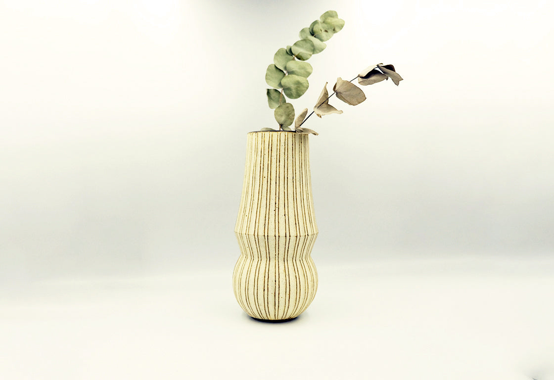 Handmade Cylindrical Pleated Ceramic Vase by Akio Nukaga - Modern Home Decor for Living Room, Dining Table & Office Desk
