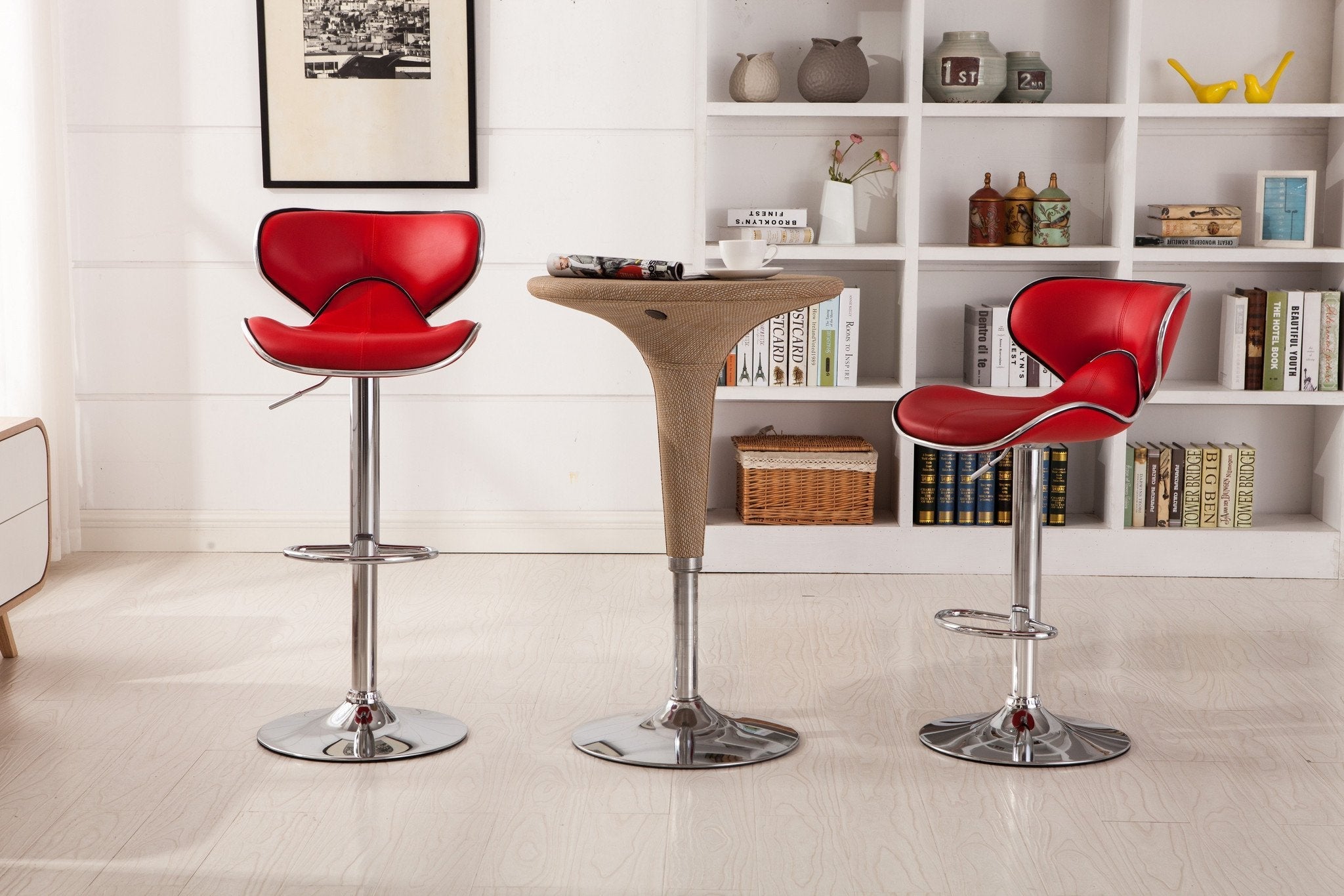 Roundhill Furniture Masaccio Faux Leather Adjustable Swivel Bar Stool - Set of 2, Red - Perfect for Kitchen Islands, Home Bars & Counter Height Dining