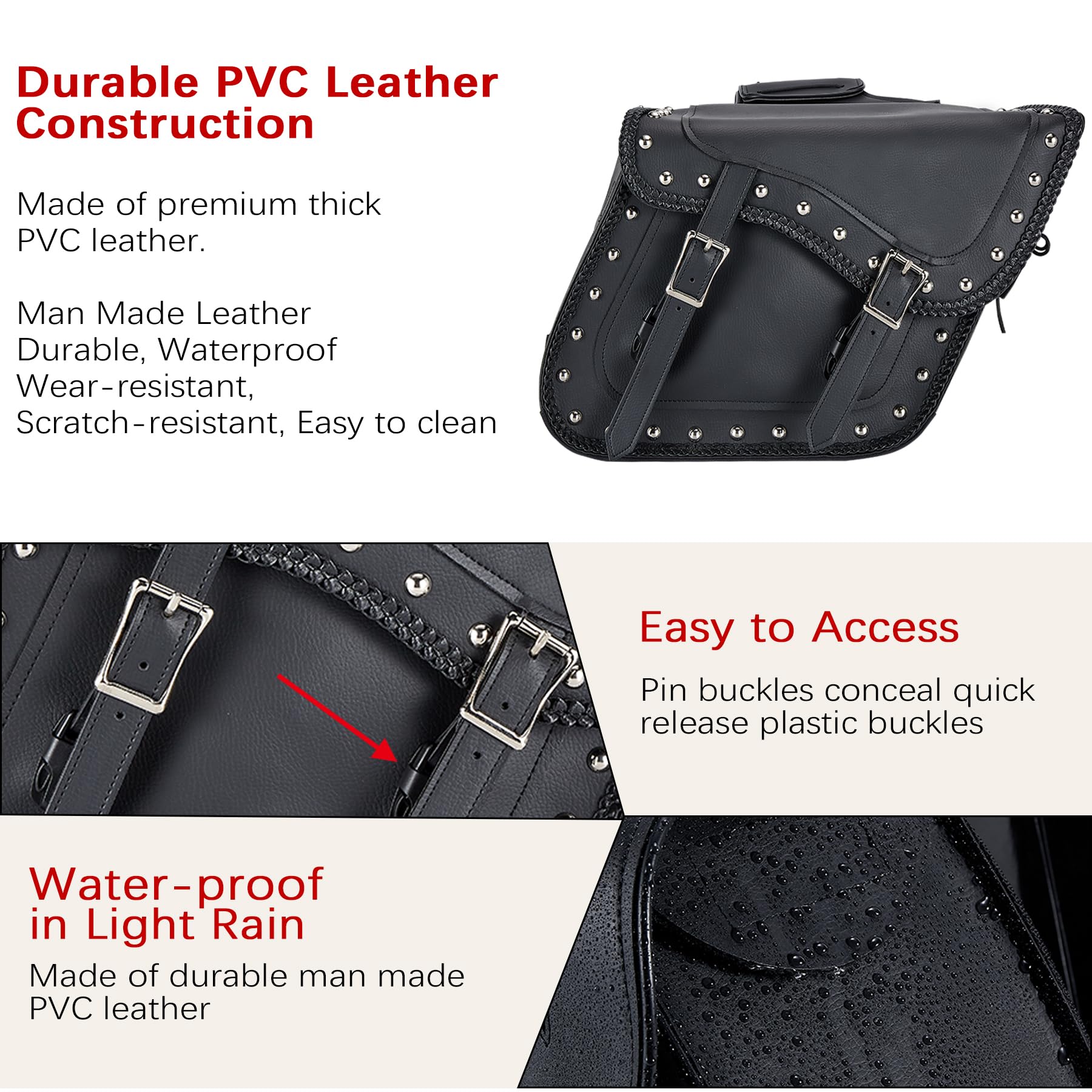 **Dream Apparel Faux Leather Motorcycle Saddle Bags with Studs - Throw Over PVC Side Bags for Honda Shadow, Sportster, Softail, Dyna, V-Star (Black) - Perfect for Cruiser & Touring Bikes**