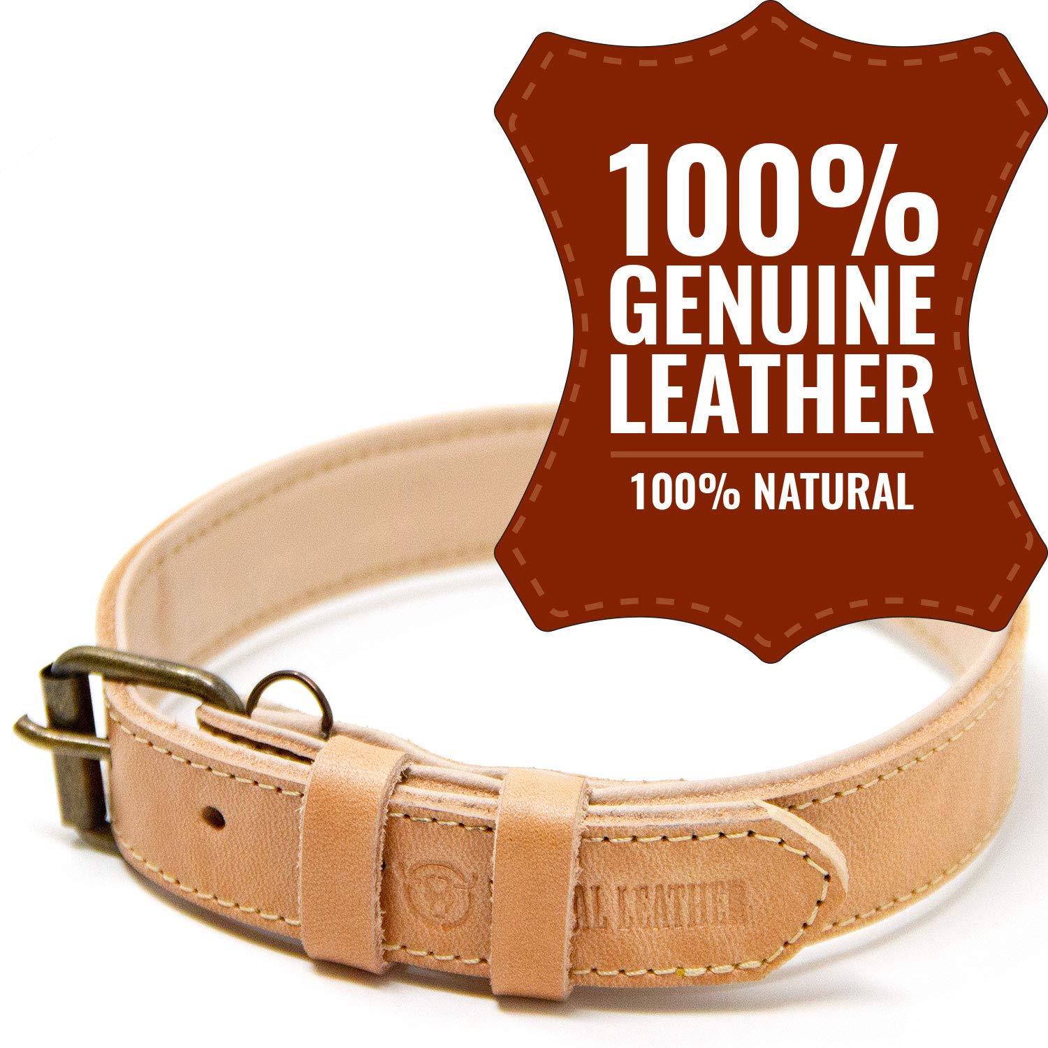 Premium Genuine Leather Dog Collar for Medium Dogs - Soft Padded Full Grain Leather, Adjustable & Durable (Tan, Medium) - Perfect for Daily Walks, Training & Outdoor Adventures