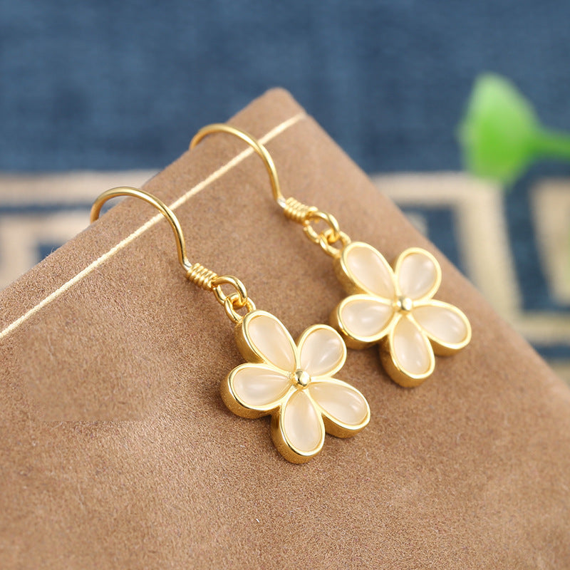 Silver Jade Petals Drop Dangle Earrings for Women - Elegant Handmade Bohemian Jewelry for Party, Wedding & Special Occasions