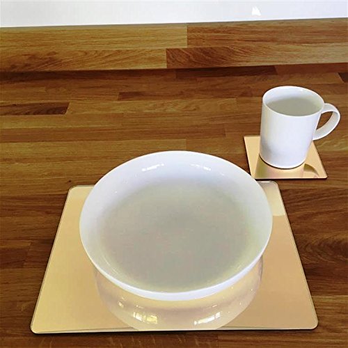 Gold Mirror Rectangular Placemat and Square Coaster Set - 6-Piece Dining Table Decor for Modern Home, Kitchen, and Party Entertaining