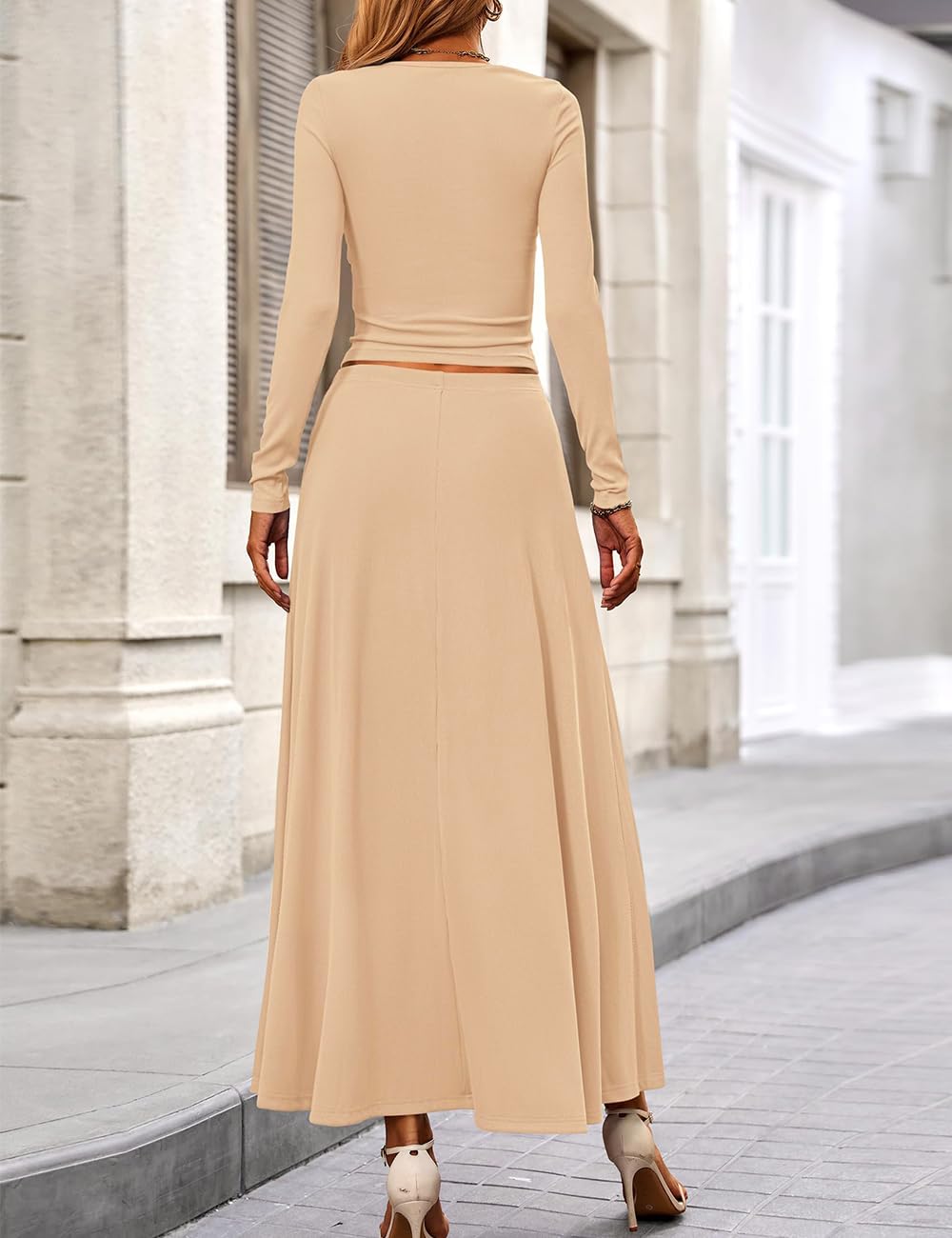 Women's 2 Piece Outfits Ribbed Knit Two Piece Skirt Set - Long Sleeve Ruched Crop Top & Flowy Maxi Skirt for Casual Wear, Date Night & Fall Fashion