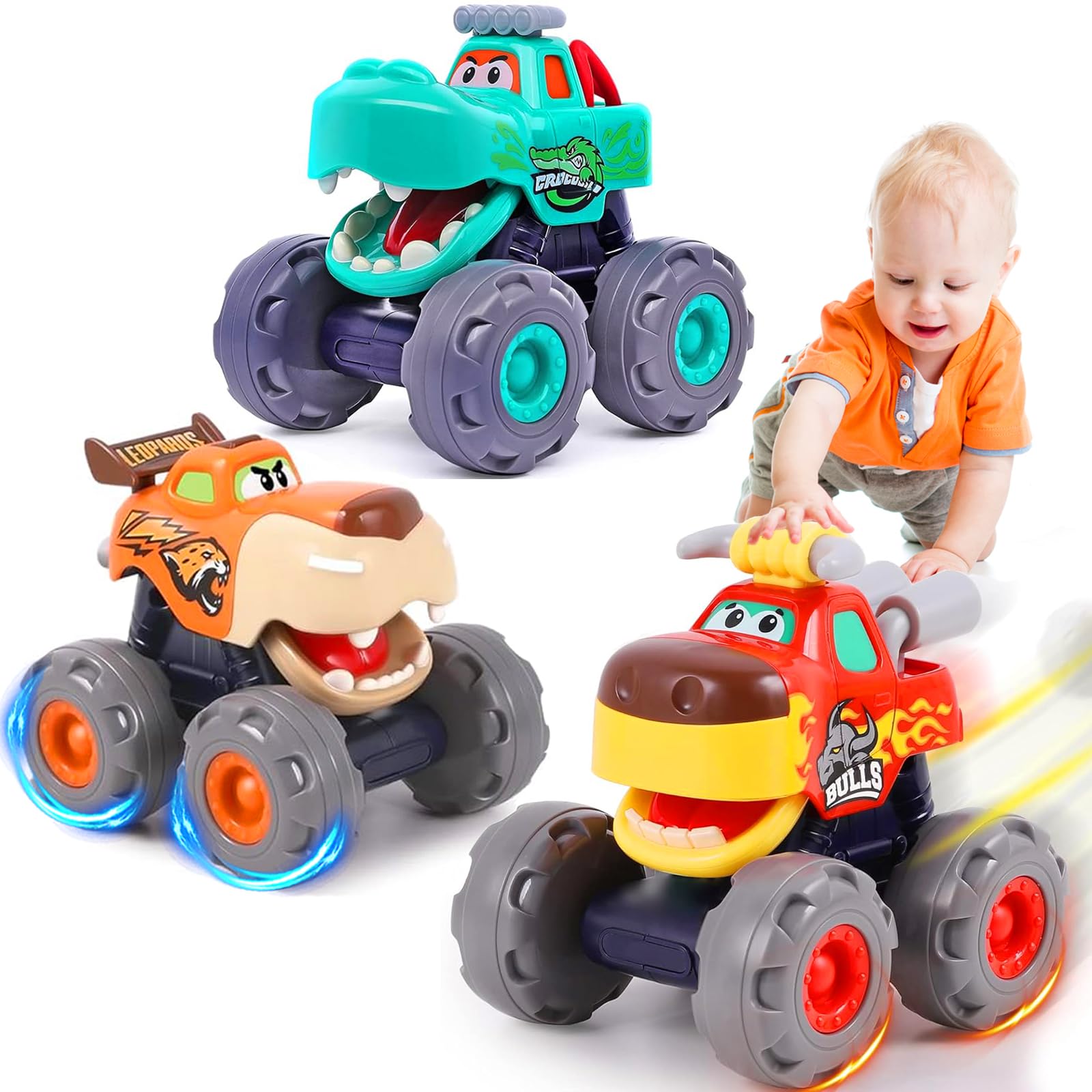 MOONTOY Pull Back Toy Cars Set - 3 Pack Friction Powered Vehicles for 1-3 Year Old Boys (Bull Truck, Leopard Truck, Crocodile Truck) | Push and Go Toddler Toys | Perfect Birthday Gift & Early Learning Play for Babies | Great for Indoor Play, Car Races, and Preschool Development