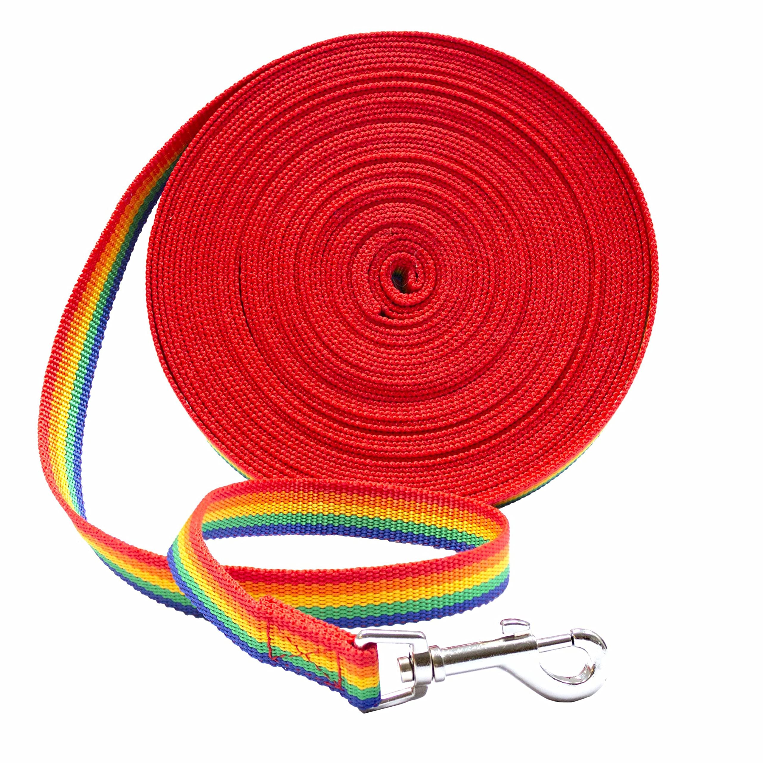 **Downtown Pet Supply 50ft Rainbow Nylon Dog Leash - Long Training Leash for Recall & Obedience - Durable Outdoor Walking, Hiking & Backyard Play for Medium & Large Dogs**