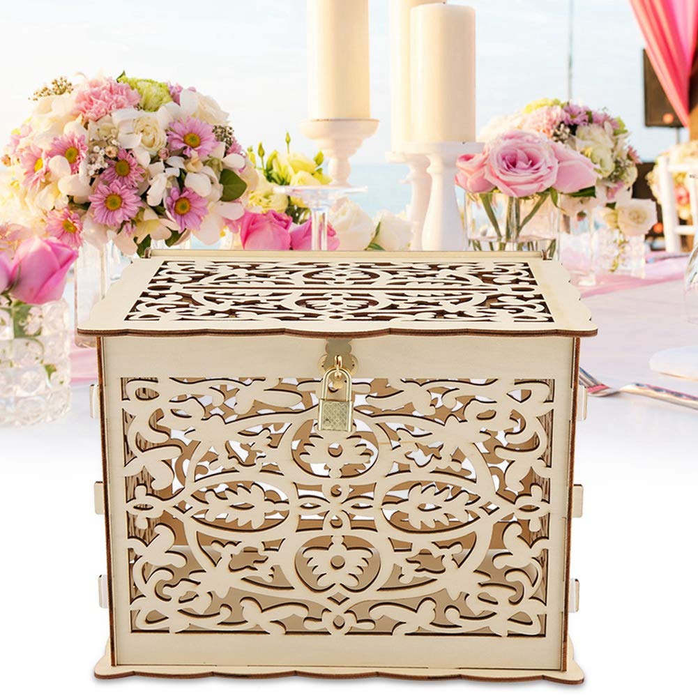 Natural Wood Wedding Card Box with Hollow Design & Lock - Foldable DIY Gift Box for Weddings, Anniversaries, Graduations, Baby Showers & Birthdays | Perfect for Ceremony Card Collection & Party Decor