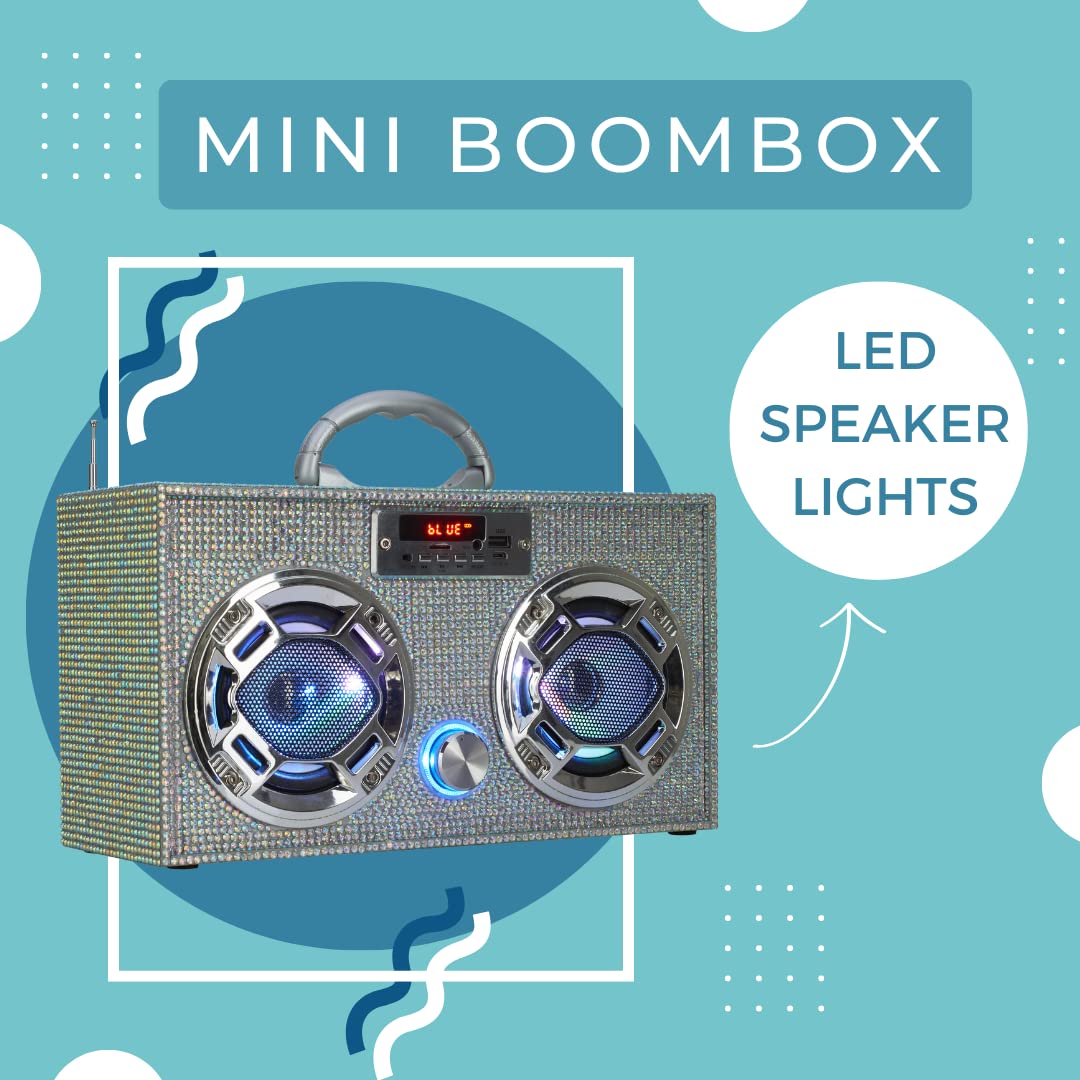 Retro Mini Boombox Bluetooth Speaker with LED Lights & Enhanced FM Radio - Portable Wireless Speaker for Home, Outdoor, Parties & Travel (Iridescent Bling) - Perfect for Room Decor, Beach Trips & Camping