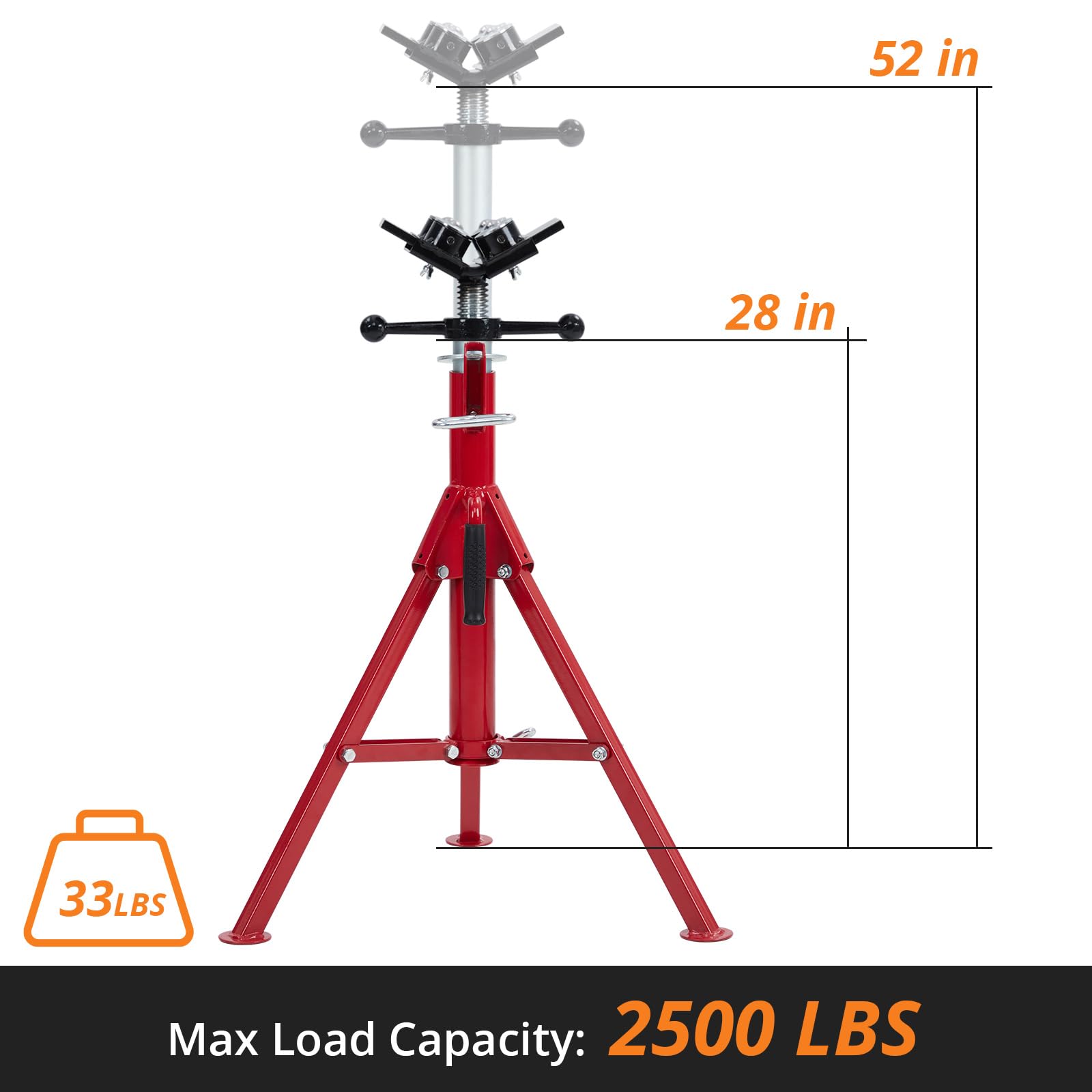 Heavy Duty PioneerWorks Pipe Jack Stand - Adjustable Height 28-52 Inches, 2500 lbs Capacity, V-Head Support for 1/8-12 Inch Pipes, Portable Folding Legs - Ideal for Automotive Repair, Construction, and Welding Projects