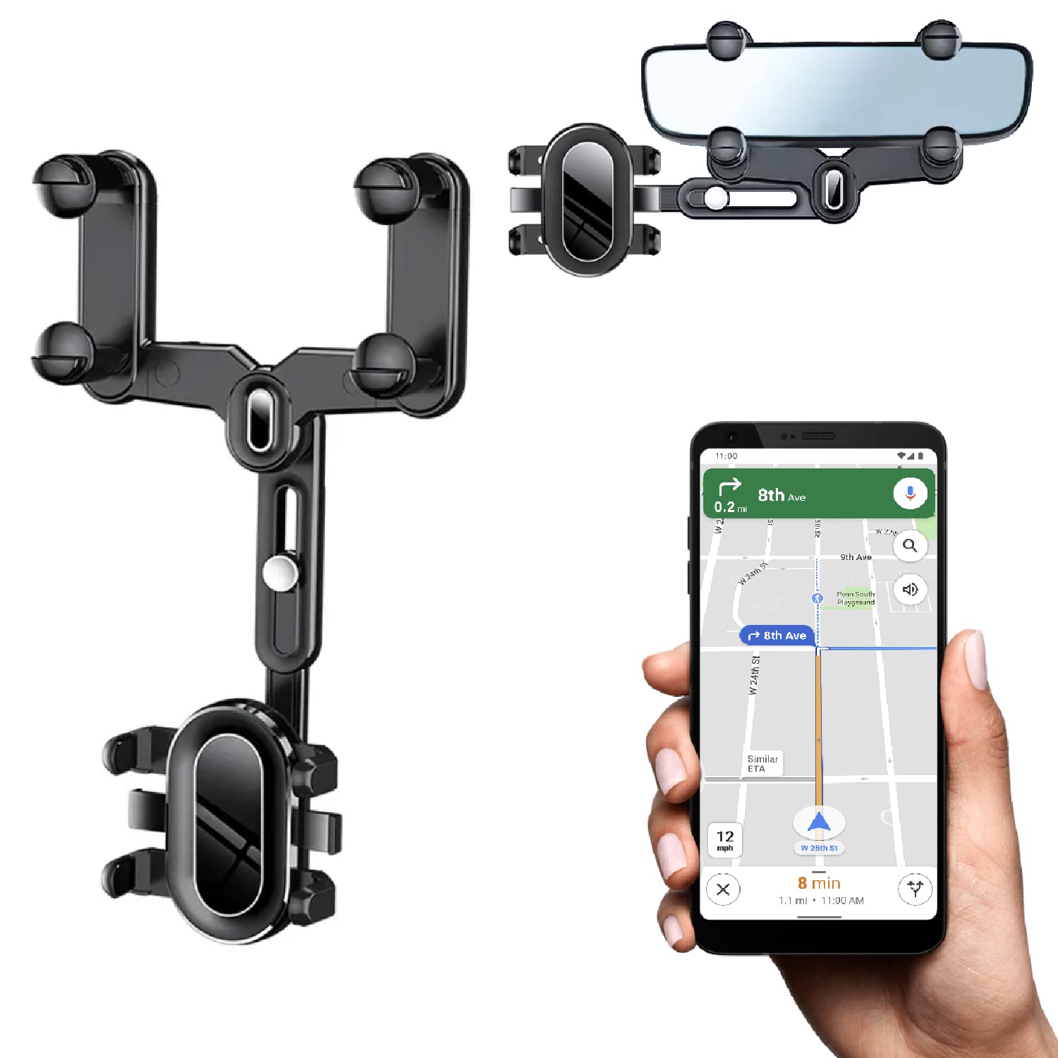 360° Rotating Universal Car Phone Holder - Rearview Mirror Mount for All Smartphones (iPhone, Samsung, Android) | Hands-Free GPS Navigation & Safe Driving Accessory