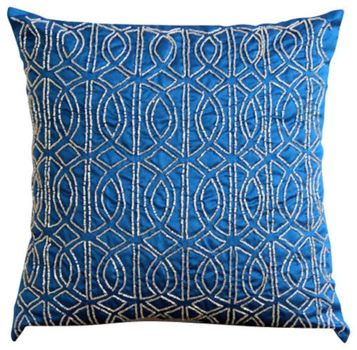 Royal Blue Silk Decorative Pillow Covers 16x16 inch (40x40 cm) - Geometric Trellis Lattice Design with Beaded Zipper Closure for Sofa, Couch, Bedroom & Living Room Decor