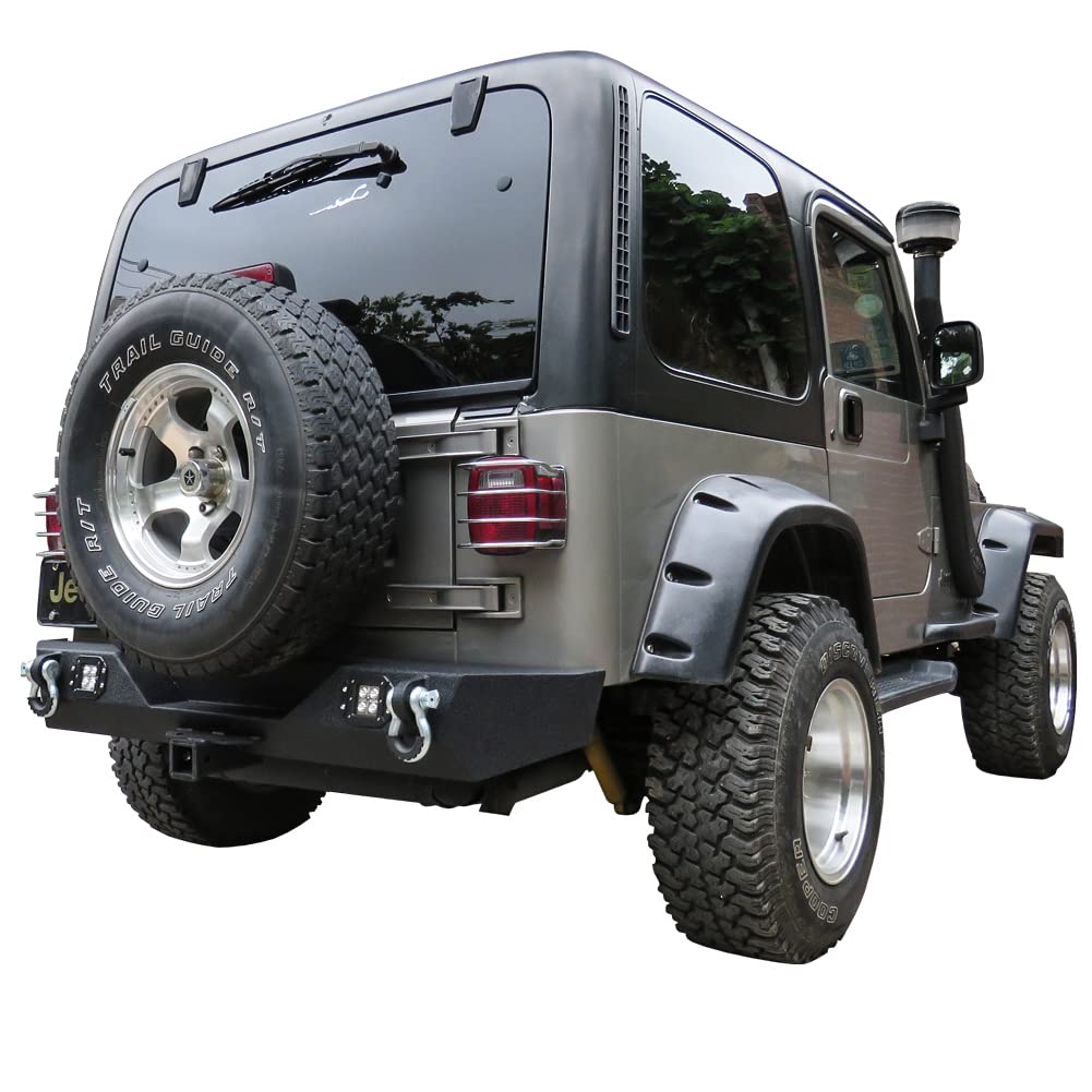 Wrangler Rear Bumper for 87-06 Jeep Wrangler TJ & YJ - Heavy Duty Winch Plate, 2x24W LED Lights & 2.75T D-Rings | Off-Road Adventure & Truck Protection Accessory