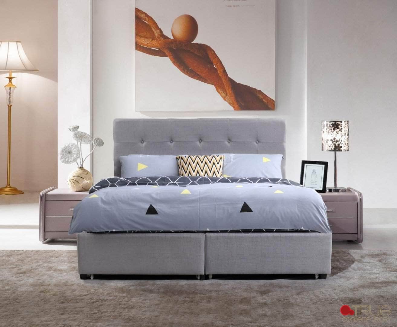 Victoria Grey Tufted Linen Platform Bed with 2 Storage Drawers - Queen, King & California King Size - Perfect for Small Bedrooms & Modern Master Suites