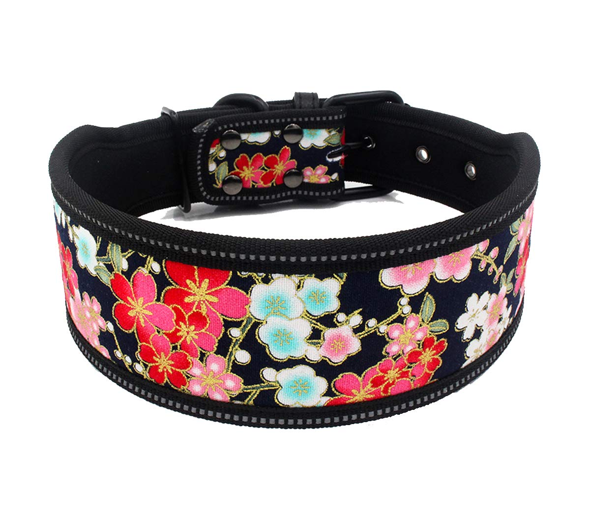 Reflective Nylon Wide Adjustable Dog Collar - Fashion Printed Pet Collar for Medium & Large Dogs (Pitbull, French Bulldog) - Sizes S/M/L - Perfect for Night Walks & Outdoor Adventures