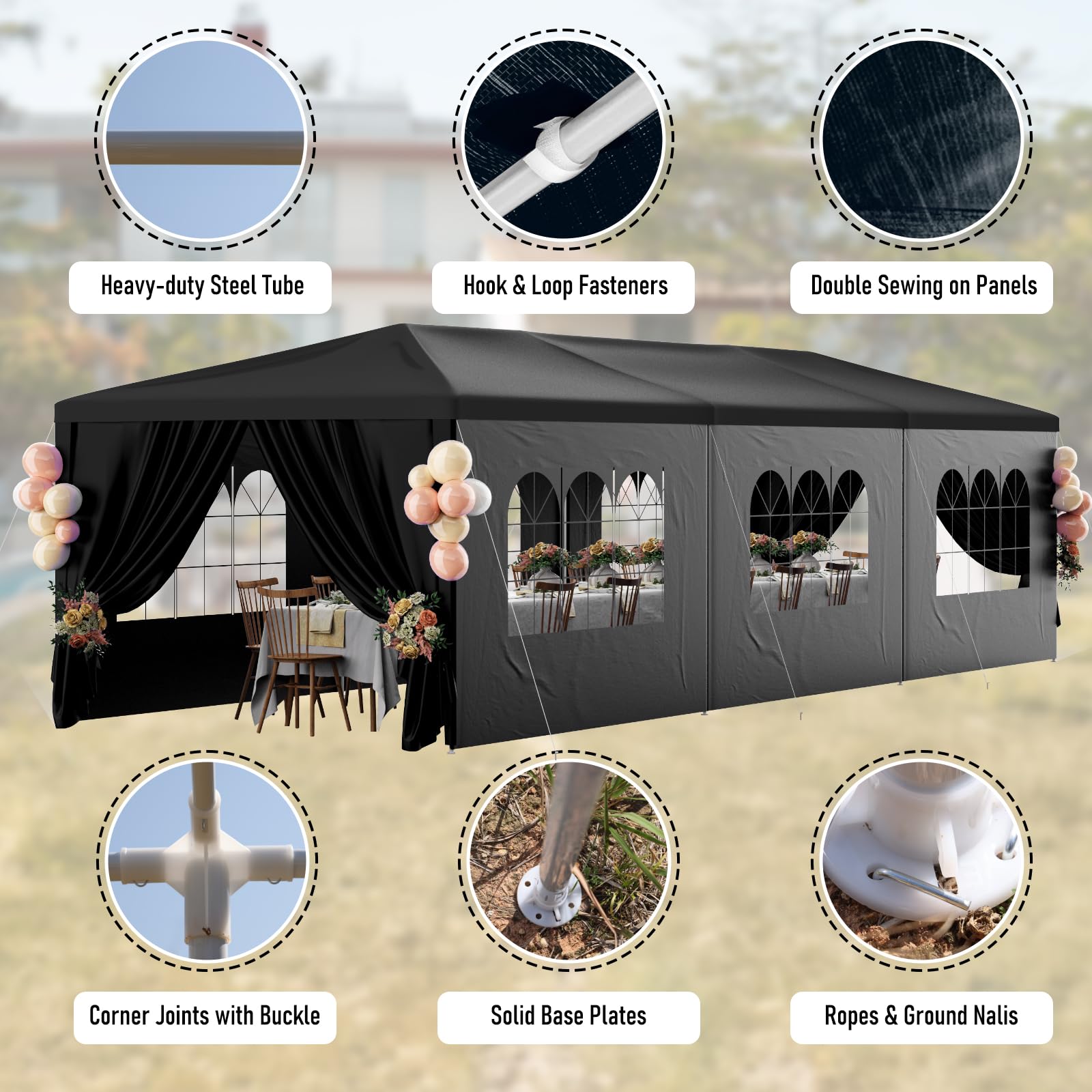 10x30FT Heavy Duty Waterproof Black Party Tent - Outdoor Canopy Wedding Tent with 8 Removable Sidewalls - Perfect for Patio, Gazebo, Events, Parties, Holiday Celebrations, Birthday, Graduation & BBQ Gatherings