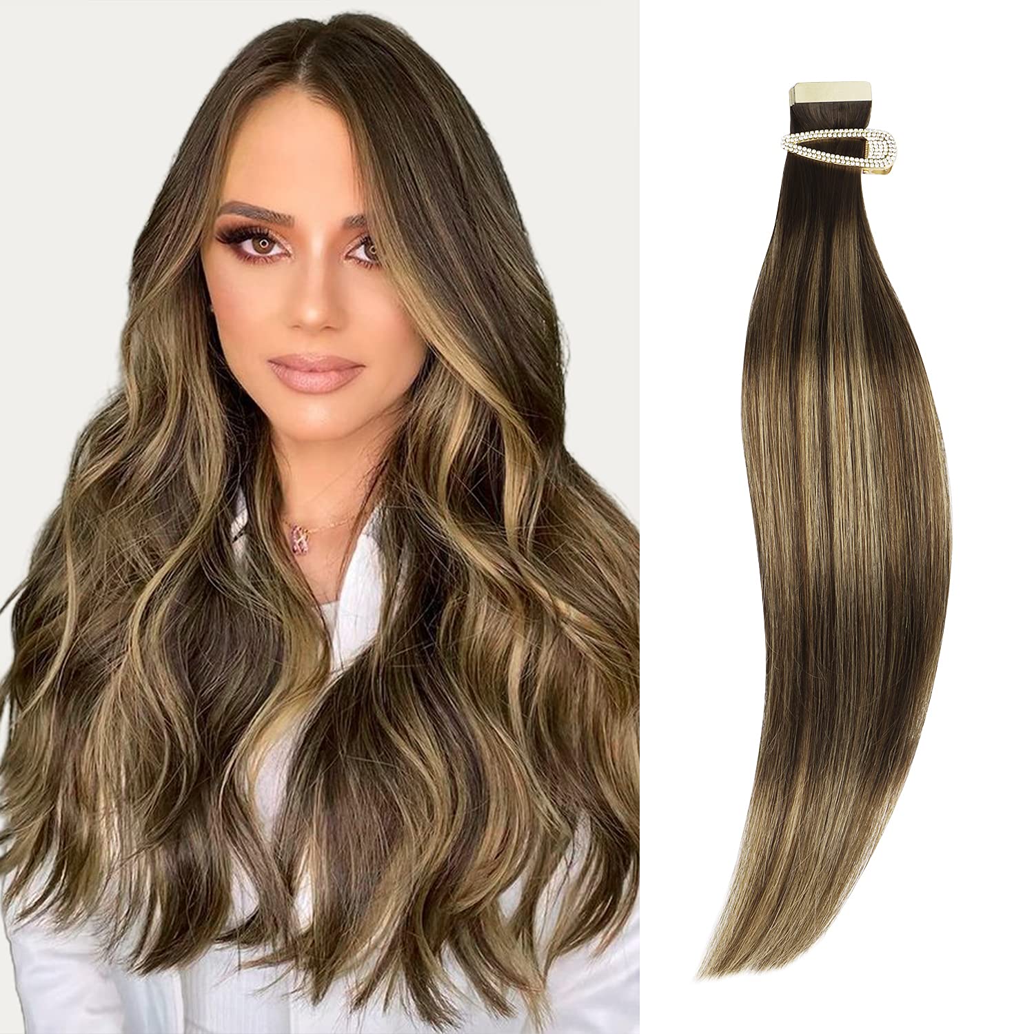 Marat Tape in Hair Extensions 14 Inch - Balayage Chocolate Brown to Caramel Blonde 50g Real Human Hair, Natural Straight Tape-In Extensions for Volume & Length | Perfect for Weddings, Parties & Daily Styling