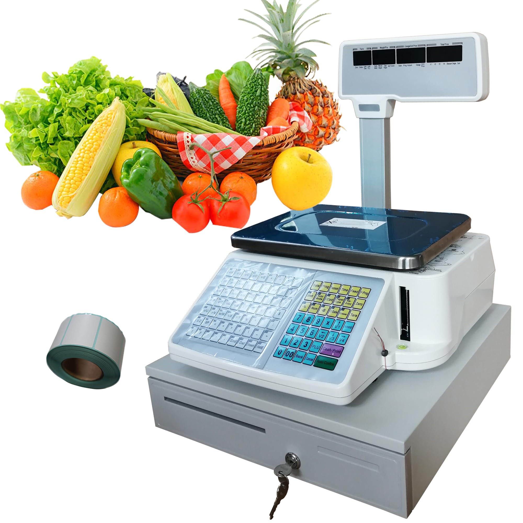 110V Digital Price Computing Scale with Thermal Printer - 66LB Capacity Electronic Scale for Supermarkets, Barcode Label Printing, Money Box & 400 Sheets Thermal Labels - Perfect for Retail, Grocery Stores & Inventory Management