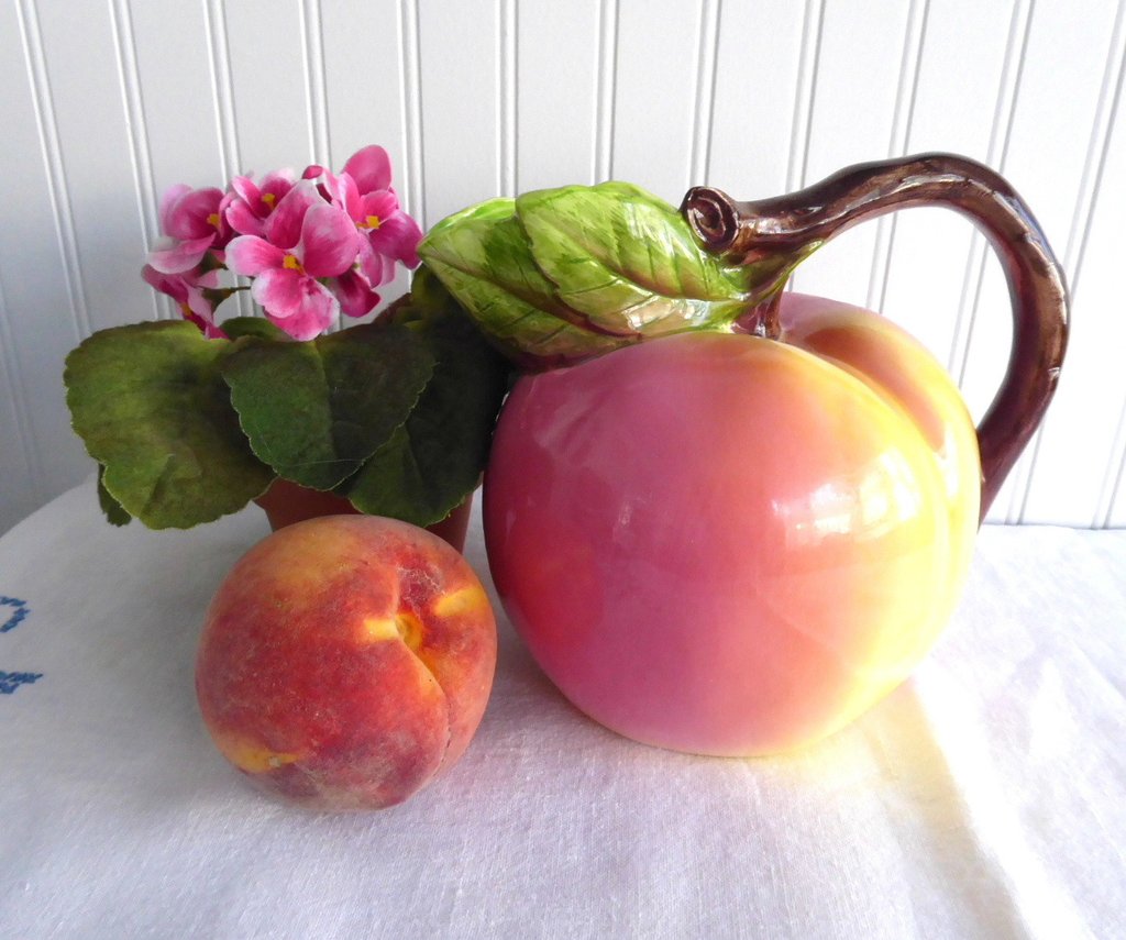Vintage 1970s Ceramic Peach Pitcher with Twig Handle - Large Round Iced Tea Jug for Summer Parties & Farmhouse Decor