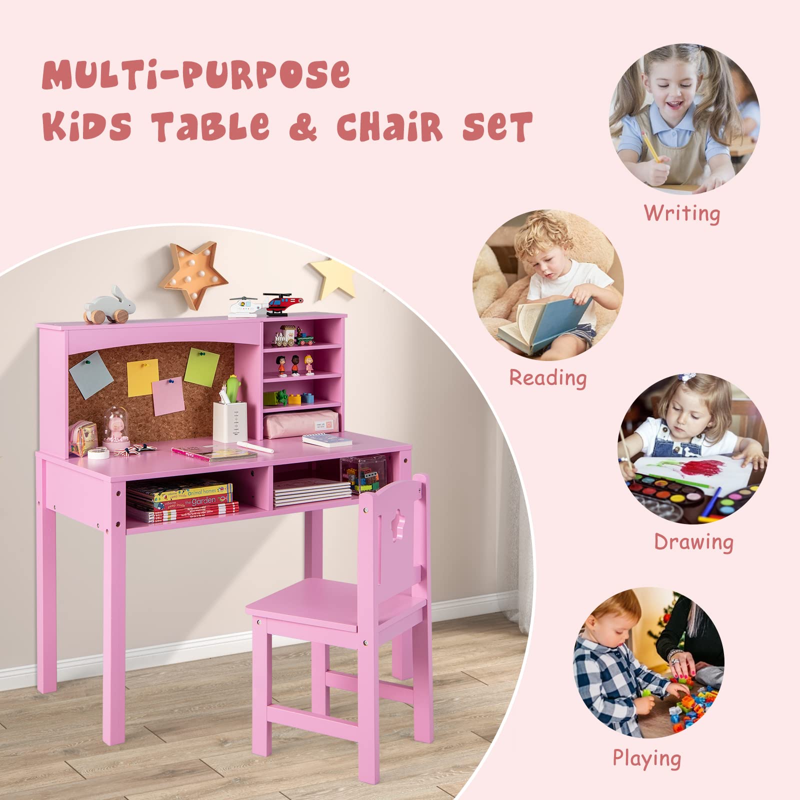 Costzon Kids Desk and Chair Set - Adjustable Wooden Study Desk with Storage Hutch, Cork Bulletin Board & Bookcase | Ergonomic Student Writing & Computer Workstation for Bedroom, Study Room & Homeschooling - Pink (Perfect for Remote Learning & Homework Organization)
