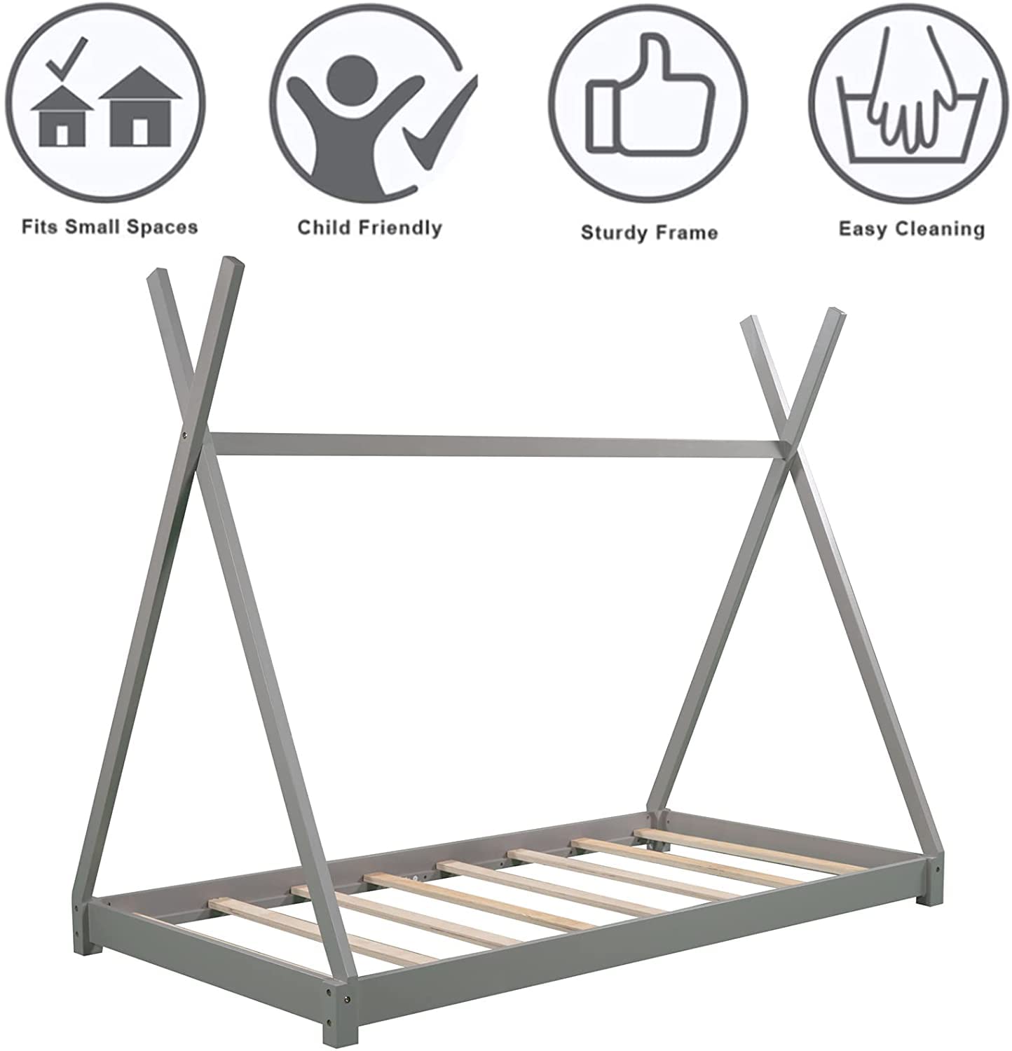 Kids Twin House Bed with Triangle Structure - Wood Floor Bed Frame for Toddler Boys & Girls Bedroom, No Box Spring Needed, Grey | Perfect for Playtime, Reading Nook & Cozy Sleep Space