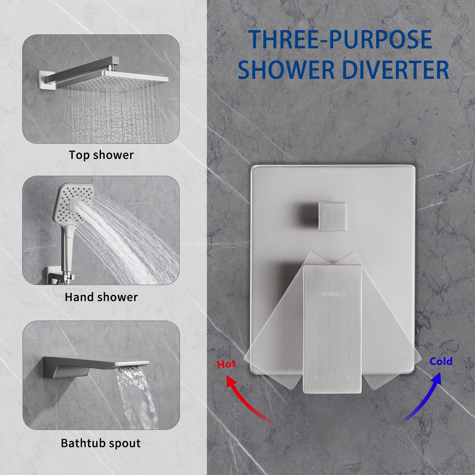 HomGoo 10 Inch Rain Shower System with Tub Spout - Brushed Nickel Wall Mount Shower Faucet Set Including Handheld Shower Head & Rough-in Valve - Perfect for Bathroom Renovation & Spa-Like Shower Experience