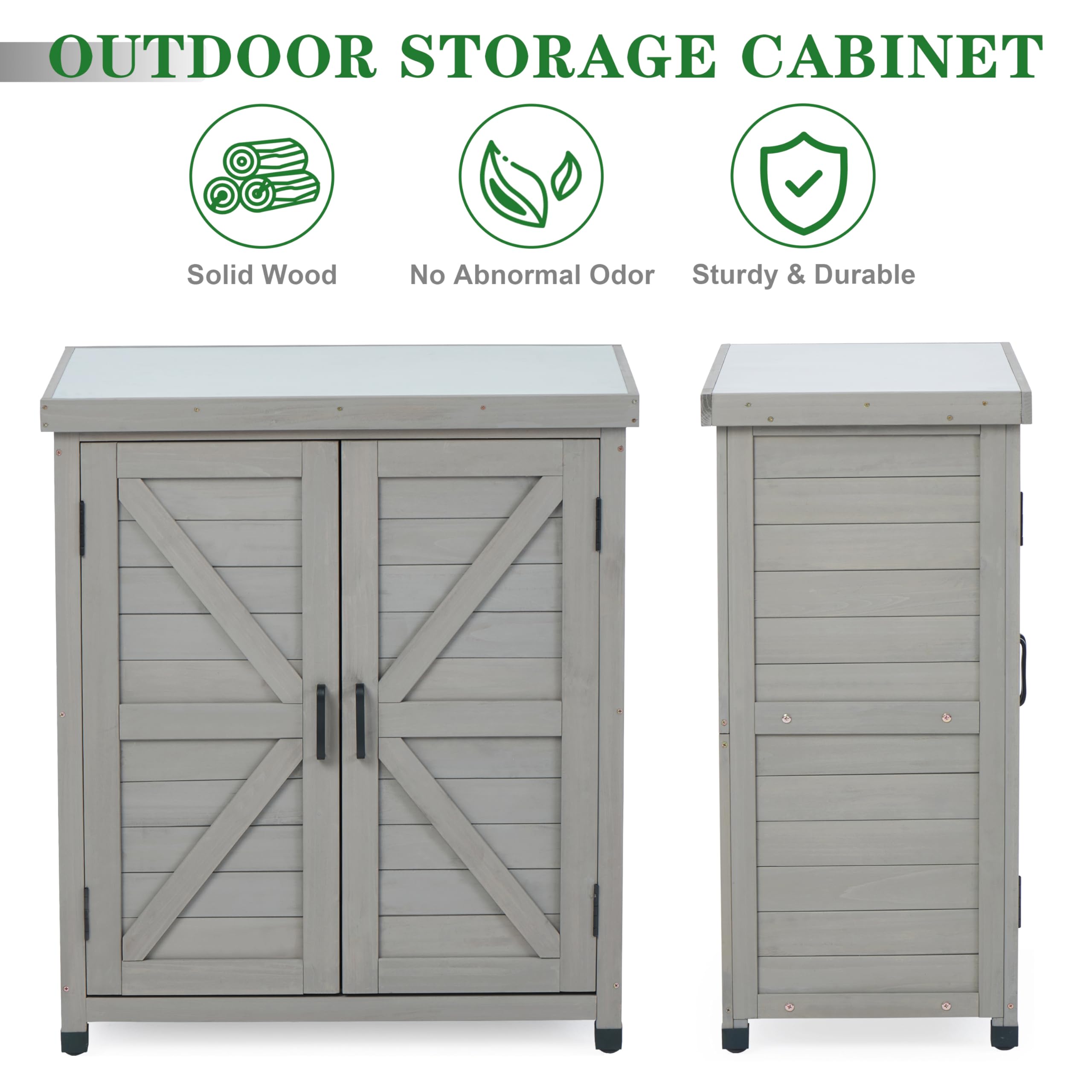 Outdoor Storage Cabinet & Potting Bench with Metal Top - 36x31x17in Classic Grey Wooden Patio Furniture for Gardening, Organizing Tools & Outdoor Workspace - Perfect for Backyard, Garden Shed & Greenhouse Use