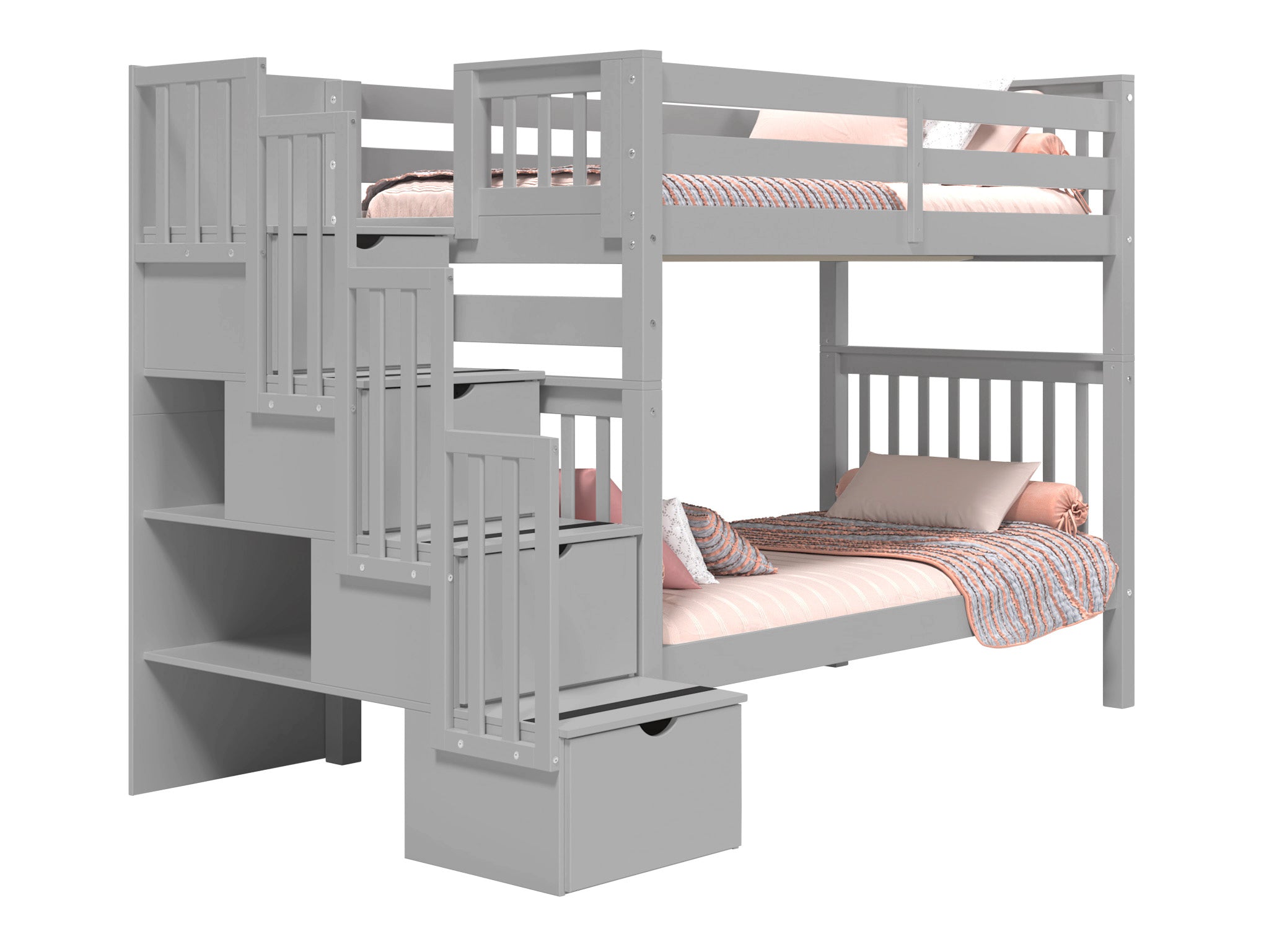 Space-Saving Twin Over Twin Bunk Bed with Stairway in Gray - Perfect for Kids' Bedrooms, Dorm Rooms & Small Spaces