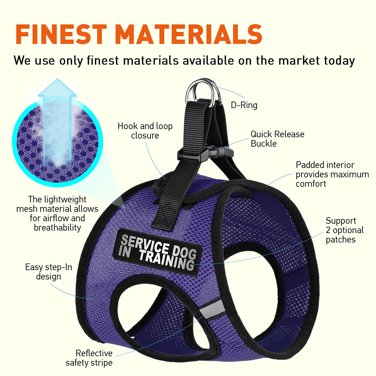 Dogline York Step-in Mesh Dog Harness with Service Dog Training Patches - No-Choke Soft Padded Vest for Small, Medium & Large Dogs (22-24