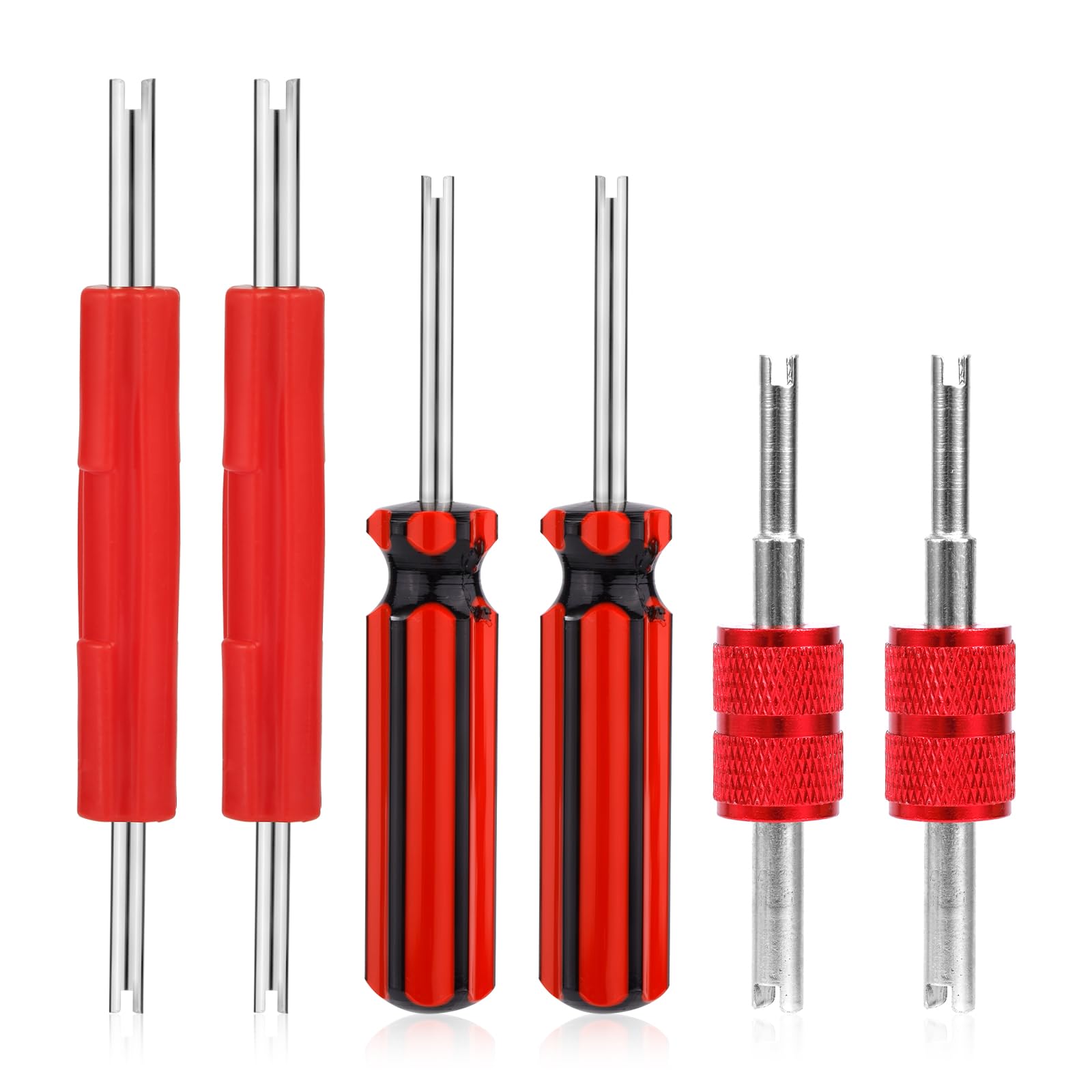 6-Piece Valve Stem Remover Tool Set - Dual & Single Head Tire AC Valve Core Wrench for Schrader A/C Kit Repair, Car Air Conditioner & RV Tire Valve Maintenance (Red) - Perfect for Auto Shops & DIY Tire Inflation