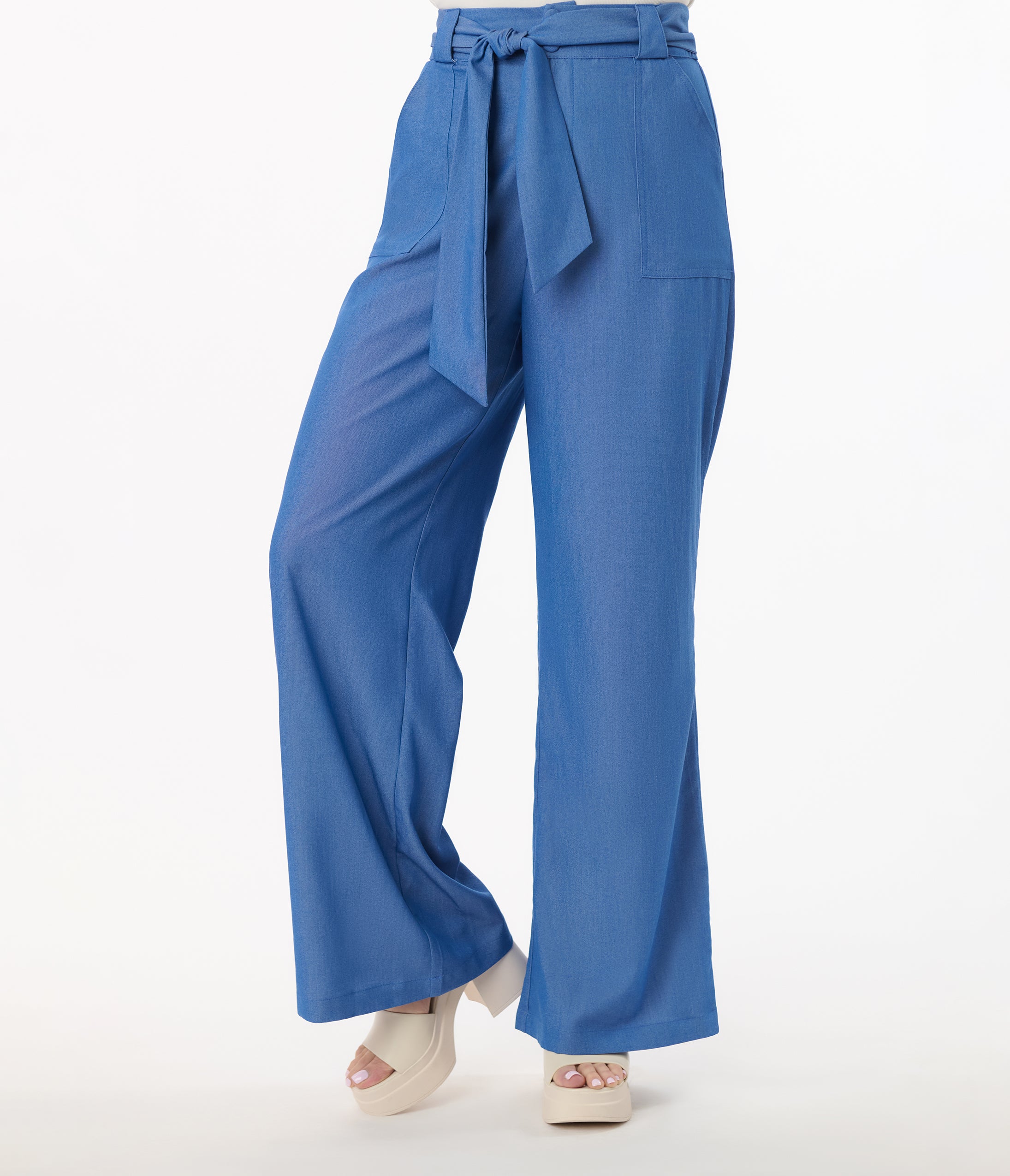Vintage 1950s Blue Chambray Wide Leg Pants for Women - Retro High Waist Casual Trousers - Perfect for 50s Themed Parties, Vintage Fashion, and Everyday Wear