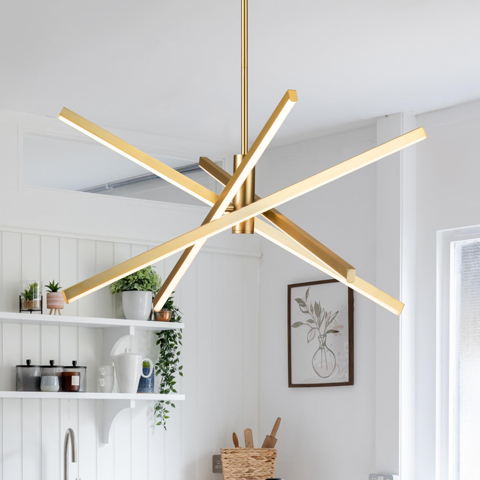 Y'INSP Modern Gold Sputnik Chandelier - 4-Light LED Linear Pendant Light Fixture for Dining Room, Kitchen Island, Living Room, Bedroom & Foyer | Elegant Contemporary Lighting for Home Decor