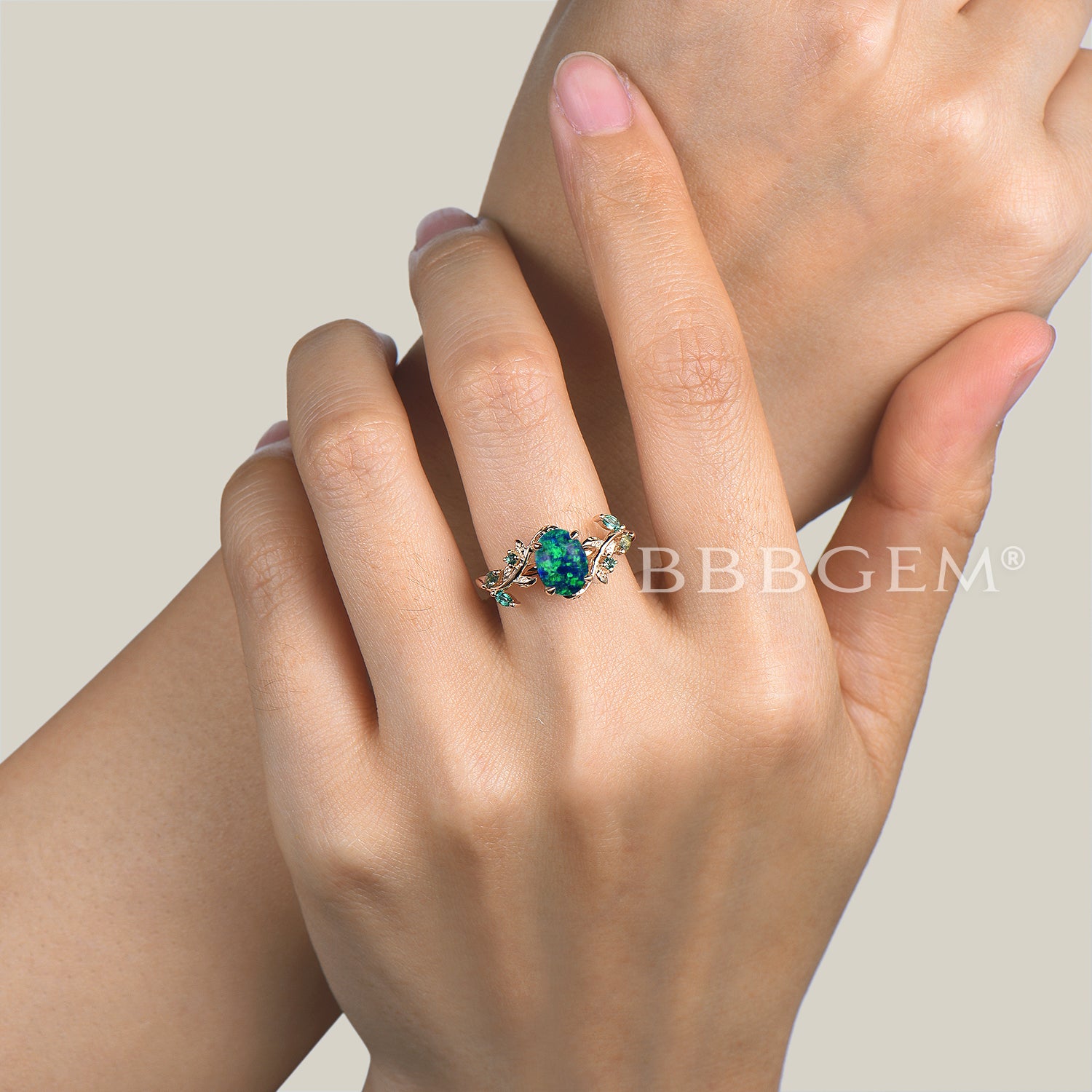1.5CT Oval Cut Black Opal & Moss Agate Engagement Ring in Yellow Gold - Emerald Leaf Design for Wedding, Proposal & Anniversary Gifts
