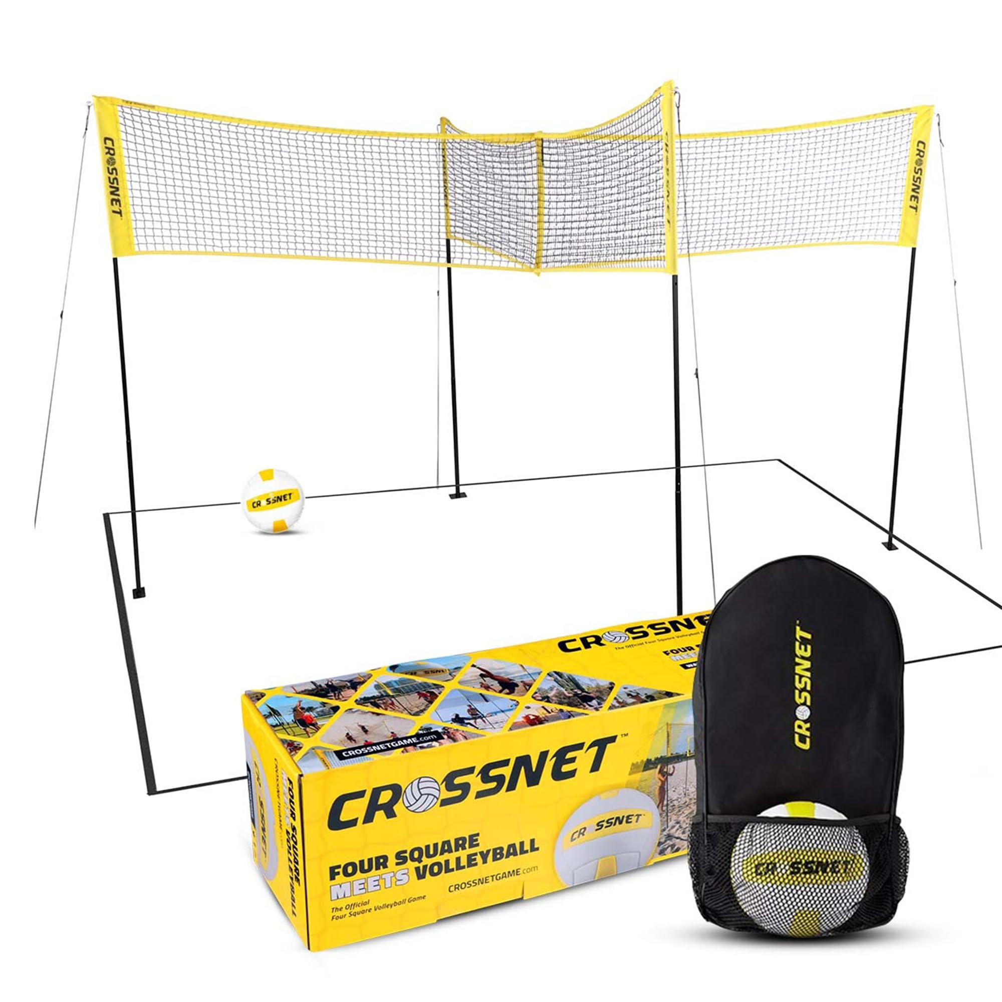 Crossnet Quick Assemble 4 Square Volleyball Game Set with Net, Backpack & Ball - Outdoor Sports Equipment for Adults & Kids - Perfect for Beach, Backyard, Park and Family Gatherings