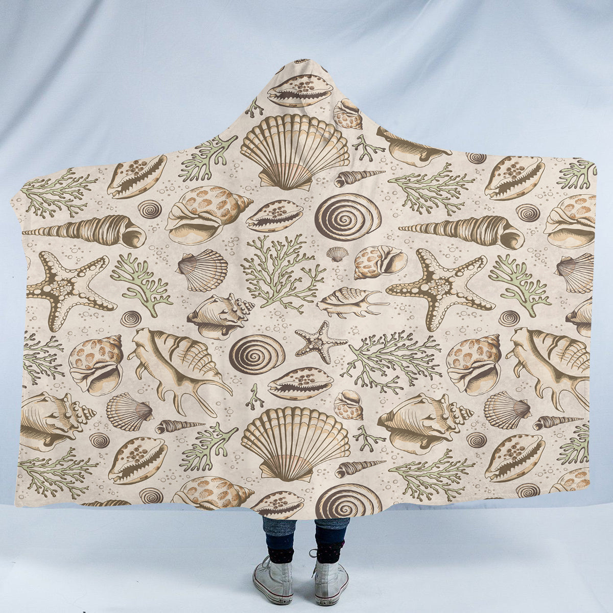 Cozy Brown Seashell Print Hooded Blanket - Soft Fleece Wearable Blanket for Adults & Kids - Perfect for Lounging, Camping, and Movie Nights