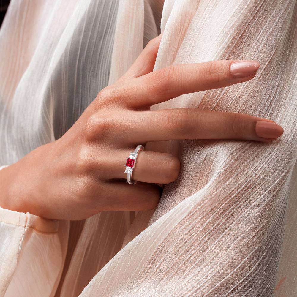 Lab Grown Ruby & Princess Cut Diamond Three Stone Ring – Elegant Engagement, Wedding, or Anniversary Jewelry Gift for Women