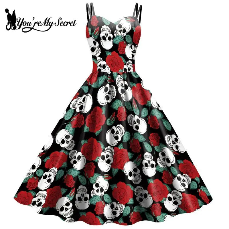Gothic Skeleton Halloween Dress for Women - Elegant Black Rockabilly Costume for Halloween Parties, Carnival, Cosplay & Horror Themed Events