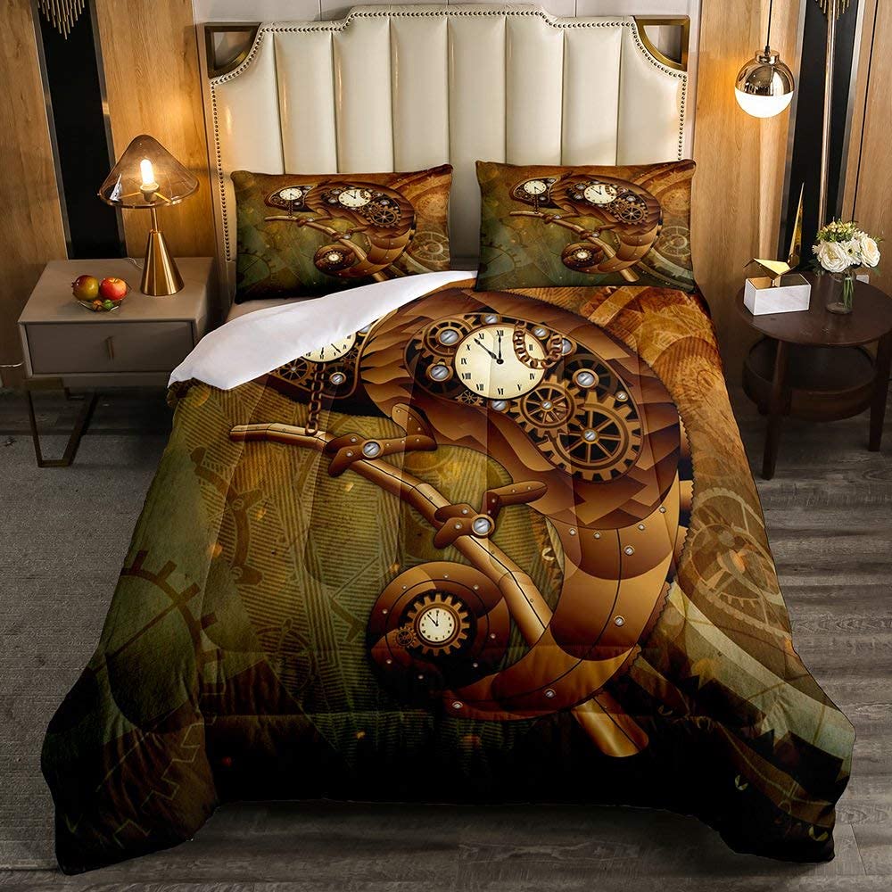 Steampunk Style Twin Size Comforter Set - Clocks & Mechanical Device Themed Duvet Cover for Kids, Boys & Teens | Retro Industrial Bedding | Perfect for Themed Bedrooms, Dorm Decor & Gift Ideas