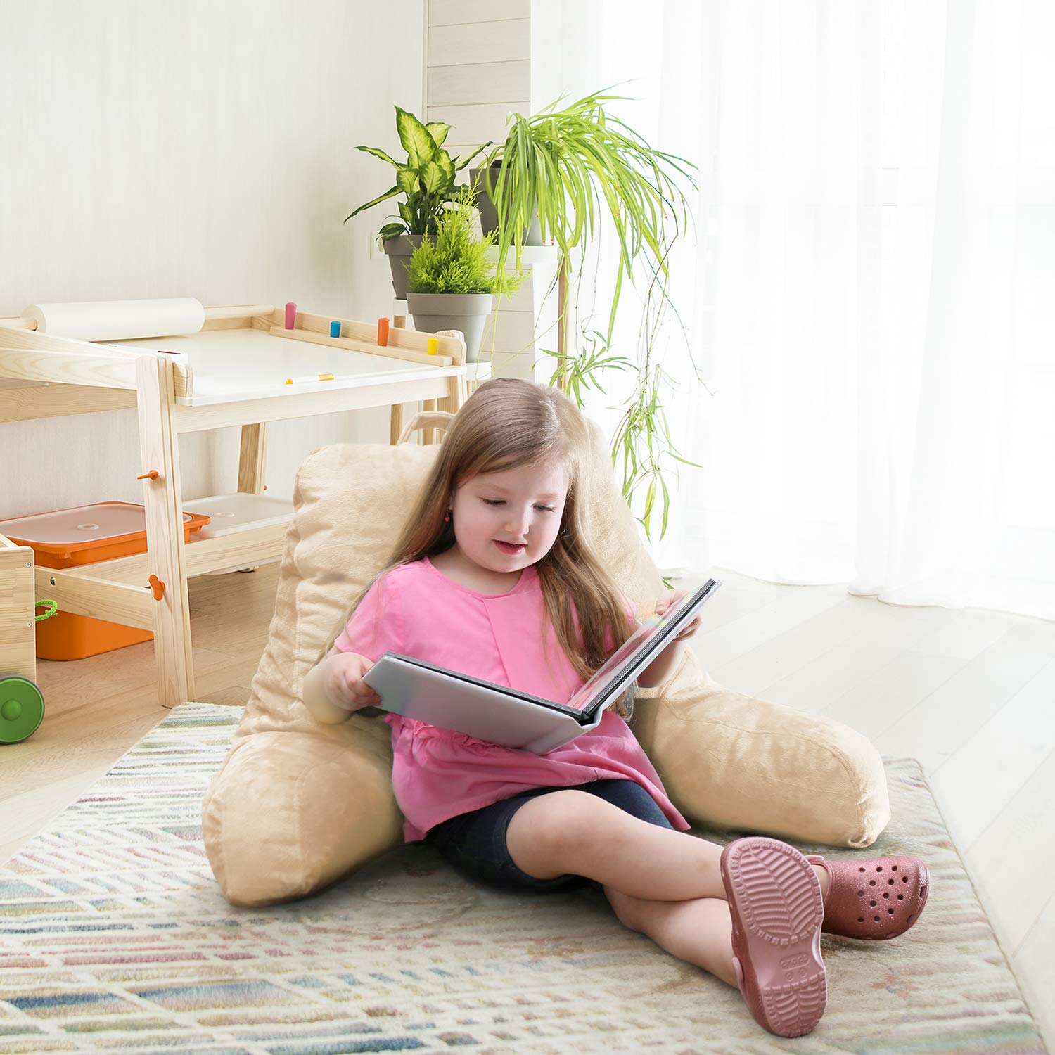 Nestl Reading Pillow with Shredded Memory Foam - Standard Bed & Back Support Pillow for Sitting in Bed, Reading, or Relaxing - Beige Cream Chair Pillow with Pockets - Perfect for Bed Rest, Arm Support & Cozy Reading Sessions