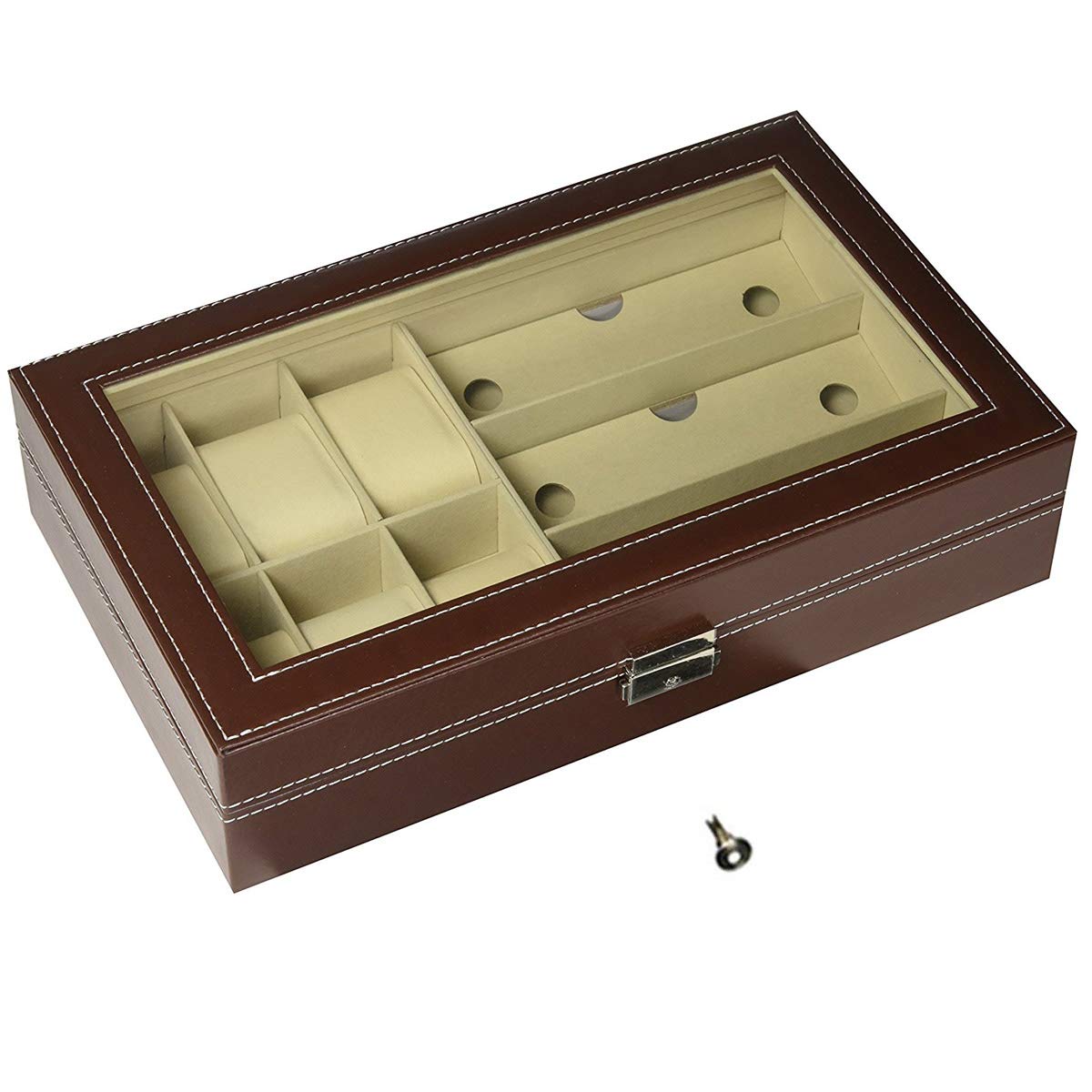 AUTOARK Genuine Leather 6-Slot Watch Box & 3-Piece Eyeglass Storage Organizer - Premium Sunglasses Display Case for Men & Women, Brown (AW-020) | Perfect for Home, Office & Travel Accessory Organization