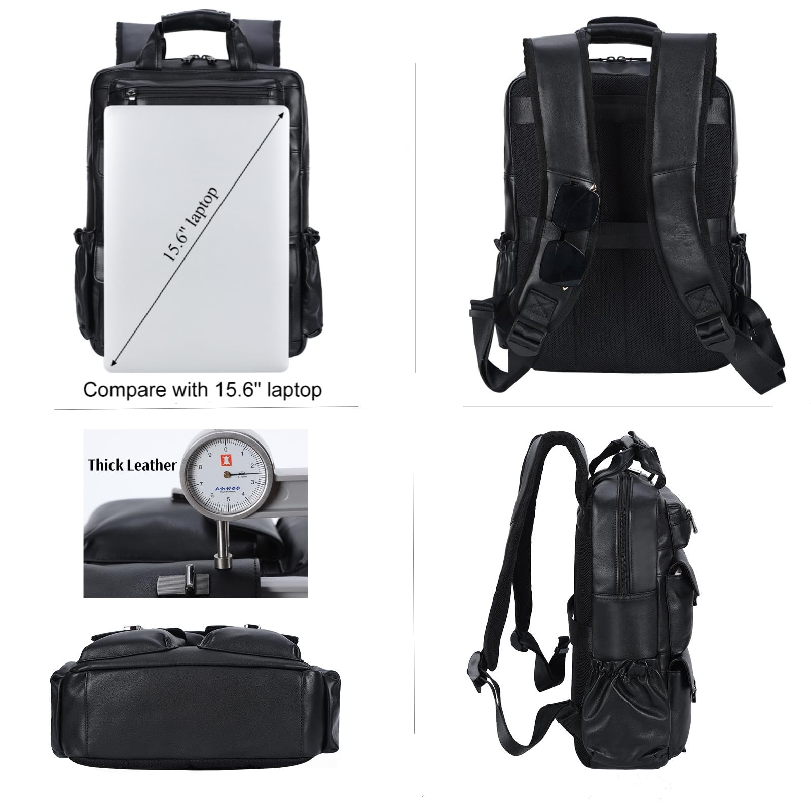 Stylish Black Leather Backpack for Men - 15.6 Inch Laptop Bag with Multiple Pockets - Durable Rucksack for Business, Work, Travel & Daily Use - Perfect for Commuting, Office & College