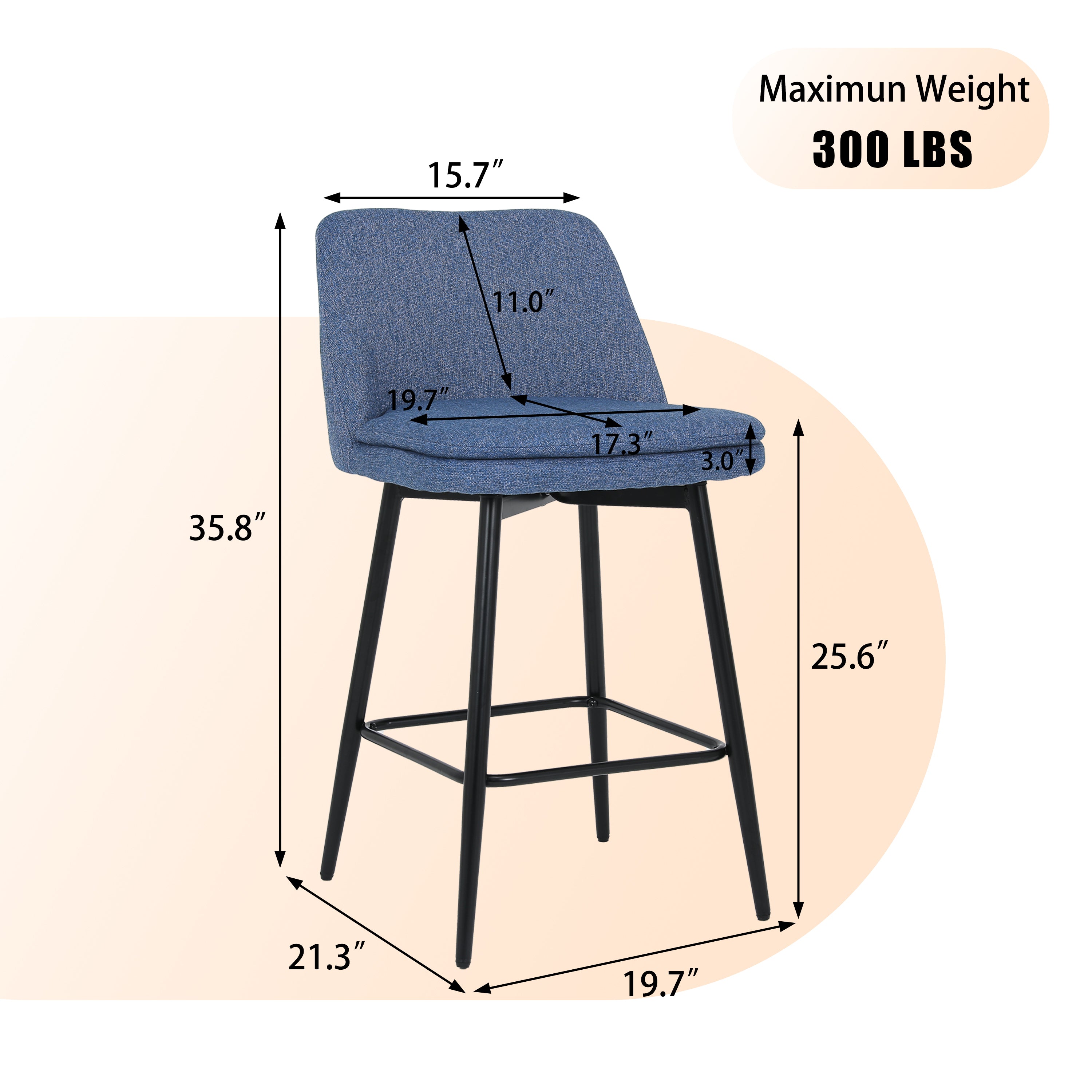 360° Swivel Counter Height Bar Stools Set of 2 - Upholstered with Back Support & Sturdy Metal Legs, 25.6