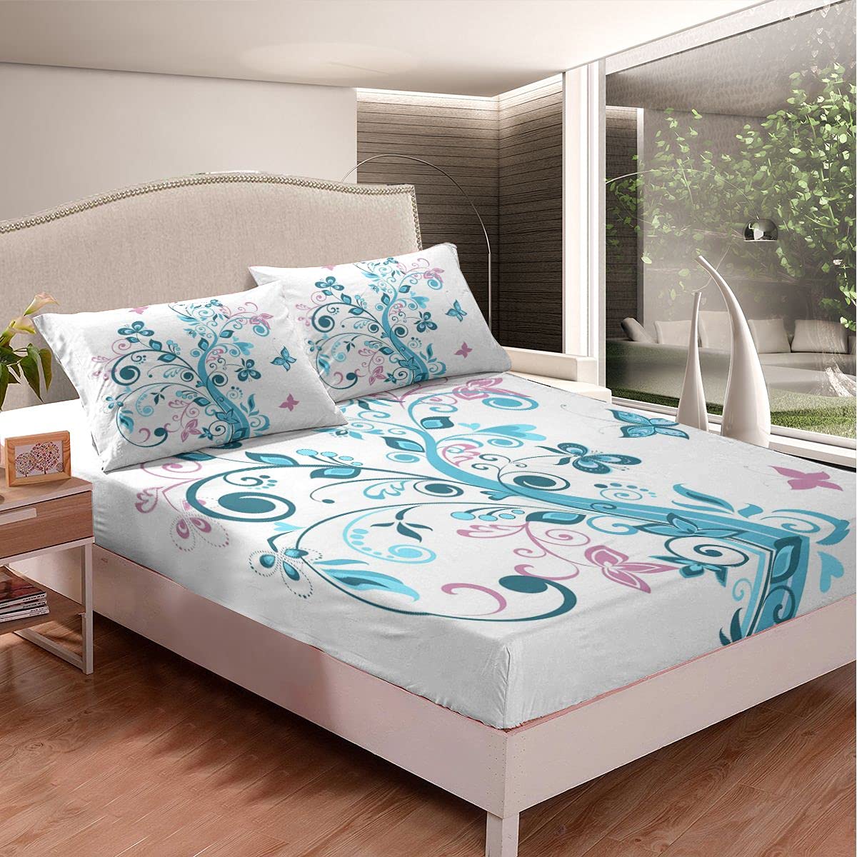 Floral Bed Sheets Set for Kids - Tree with Swirled Branches, Flowers & Butterflies Design - Pale Blue Purple White 3-Piece Queen Size Bedding (Fitted Sheet + 2 Pillowcases) - Perfect for Boys, Girls & Teens Bedrooms, Dorm Rooms & Nursery Decor
