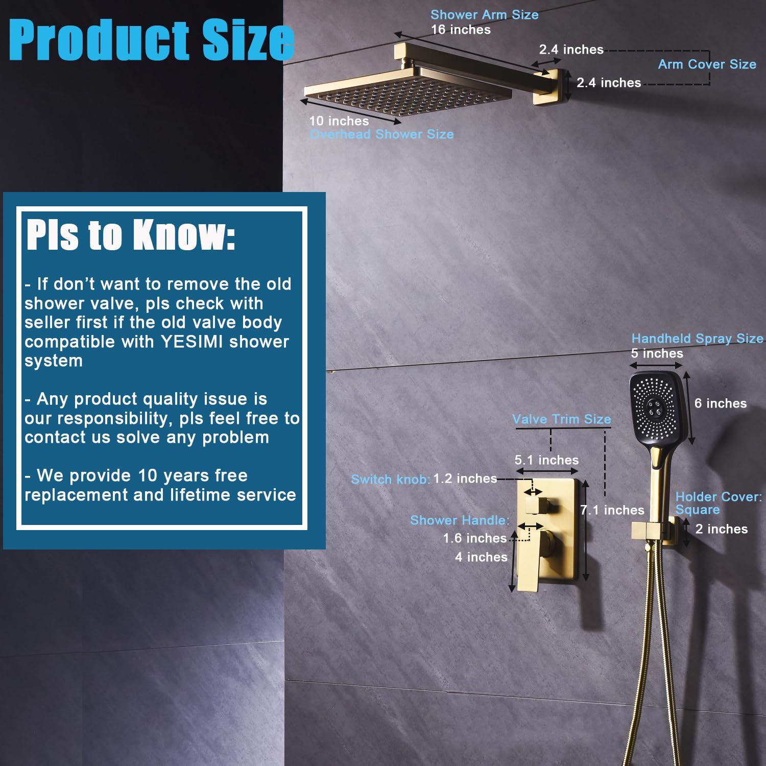 10 Inch Rainfall Shower System with 4-Setting Handheld Spray, Pressure Balance Valve & Brushed Gold Trim Kit - Wall Mounted Bathroom Faucet Set for Luxurious Spa Experience at Home