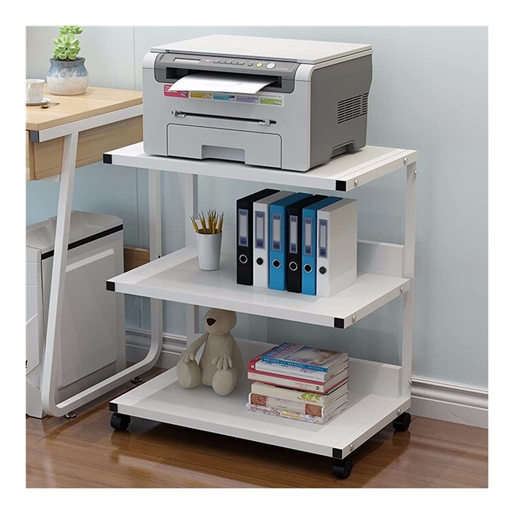 3-Tier White Printer Stand with Shelf - Heavy Duty Floor Standing Organizer for Printer, Copier, Scanner & Microwave - Home Office & Workspace Storage Solution
