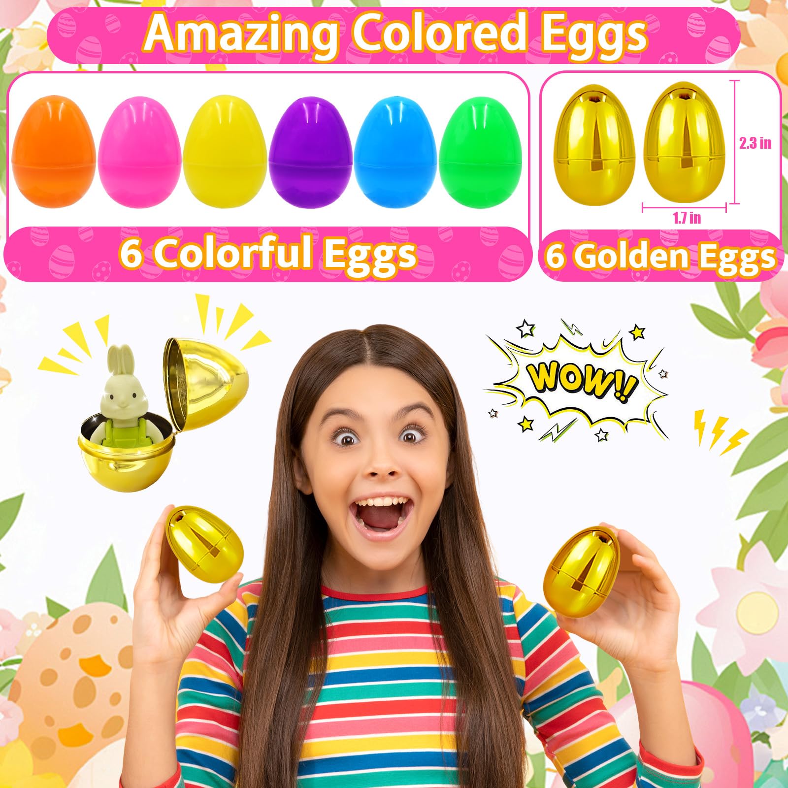 6 Surprise Golden Eggs - 100 PCS Easter Prefilled Eggs with Assorted Toys & Fidget Toys, Plastic Easter Egg Fillers for Kids - Perfect for Easter Egg Hunts, Basket Stuffers, Birthday Parties and Classroom Activities (Toddlers, Boys & Girls)