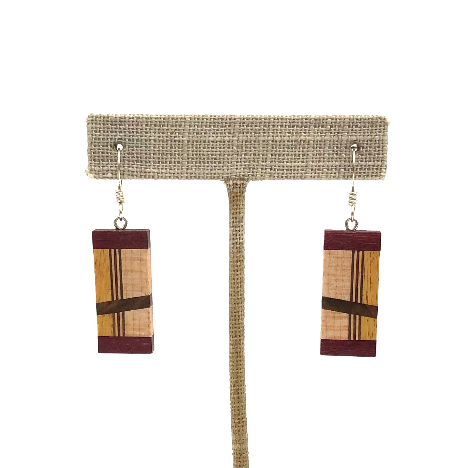 Handmade Shellacked Wood Earrings - Windowpane Design in Walnut, Padauk, Yellowheart & Purpleheart | Lightweight Bohemian Jewelry for Women | Perfect for Festivals, Weddings & Everyday Wear